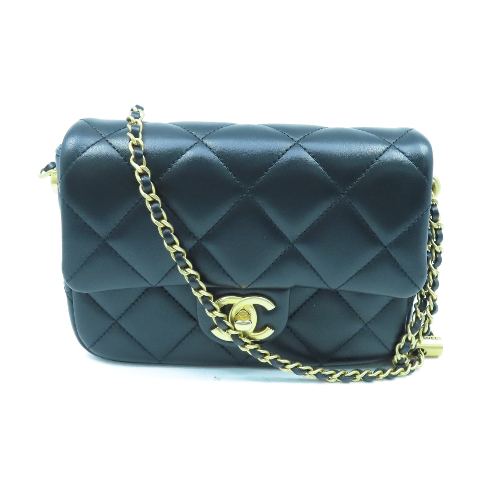 CHANEL 菱格羊皮皮革Chain Shoulder金扣鏈帶肩背袋黑色