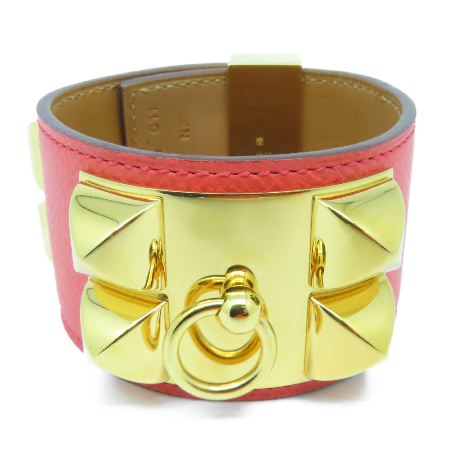 HERMES Epsom皮革Collier De Chien金扣手鐲蜜桃紅色
