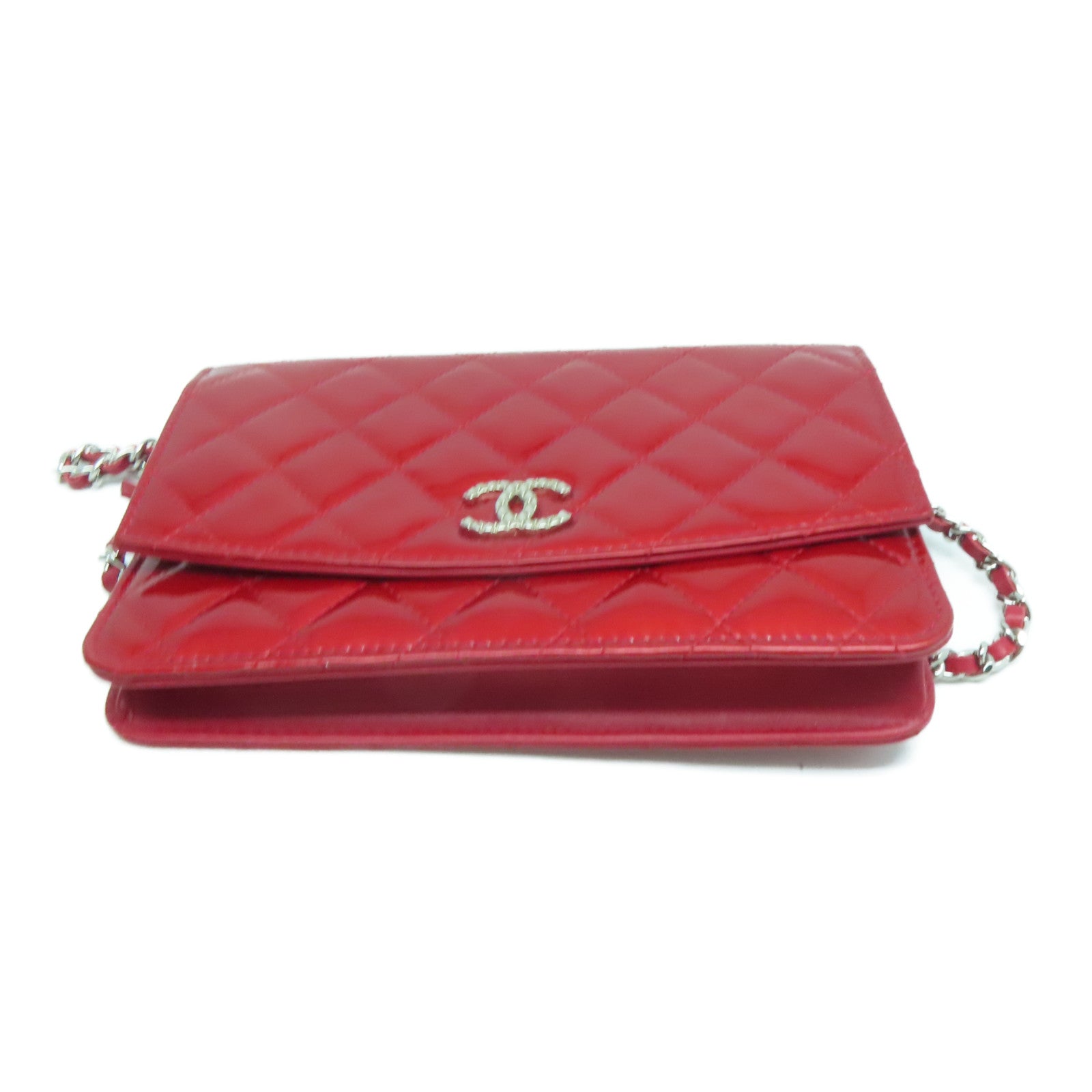 CHANEL Rhombus Patent Leather Wallet on Chain Shoulder Bag Red