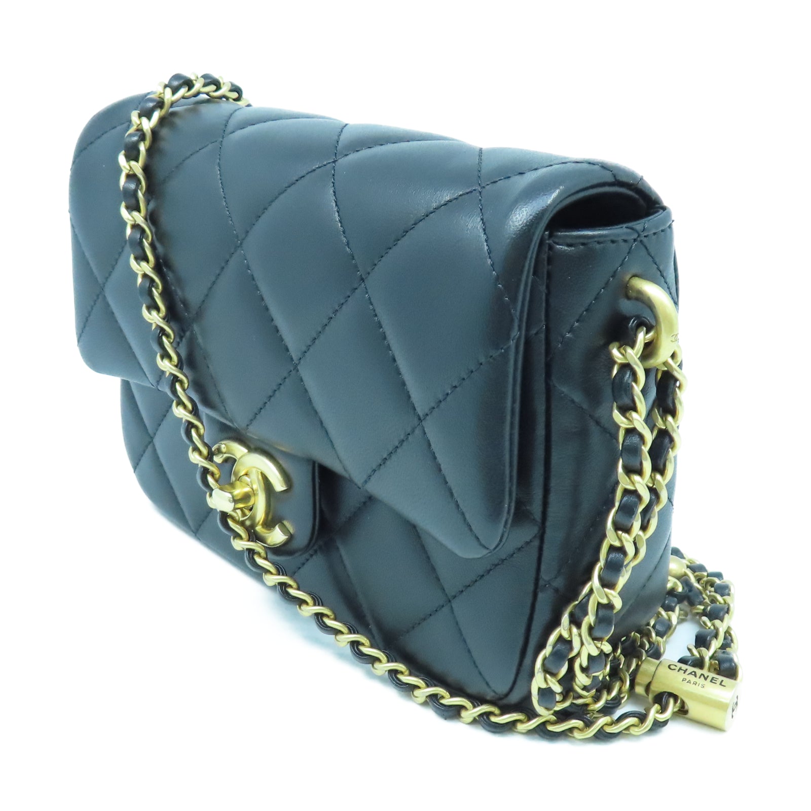 CHANEL 菱格羊皮皮革Chain Shoulder金扣鏈帶肩背袋黑色