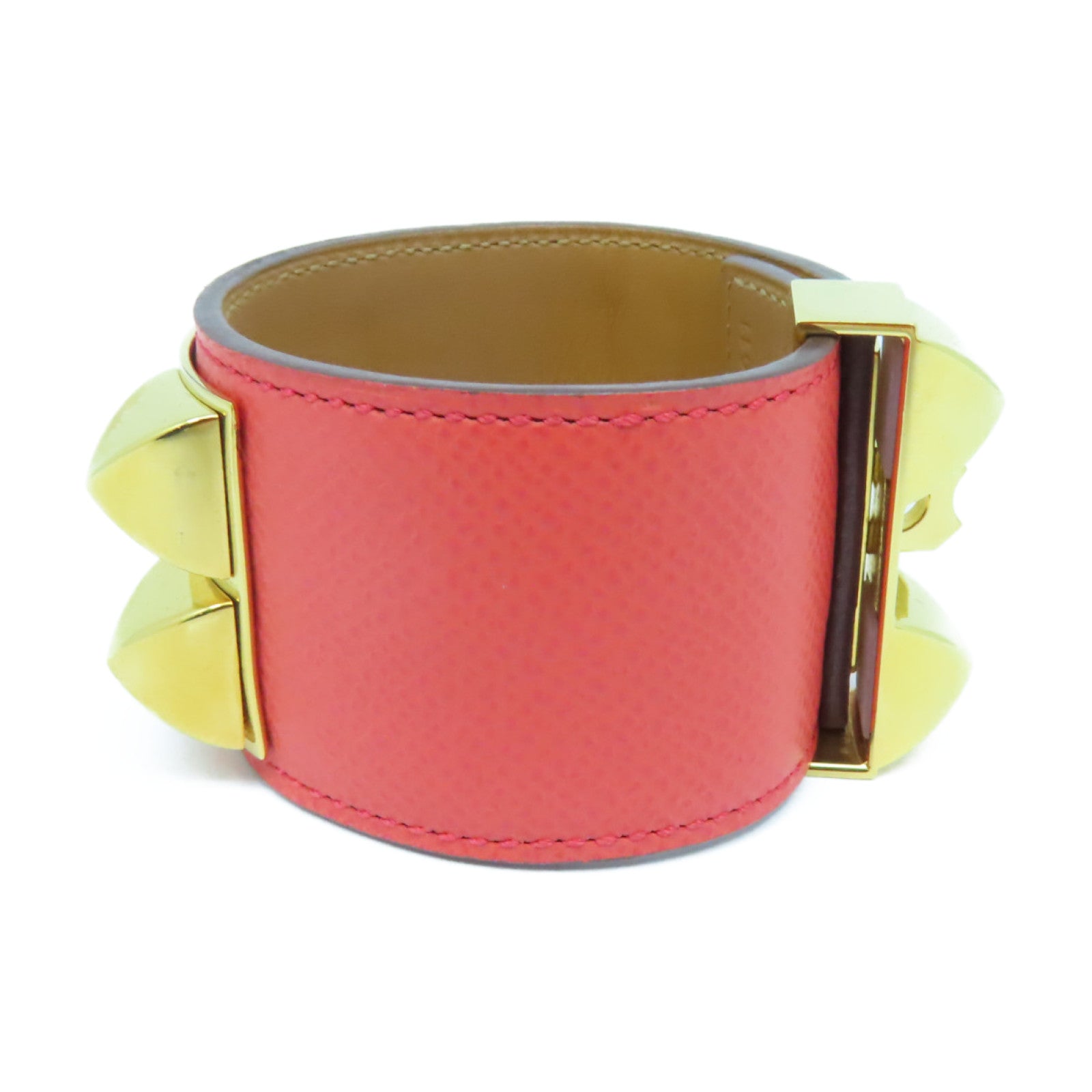 HERMES Epsom皮革Collier De Chien金扣手鐲蜜桃紅色