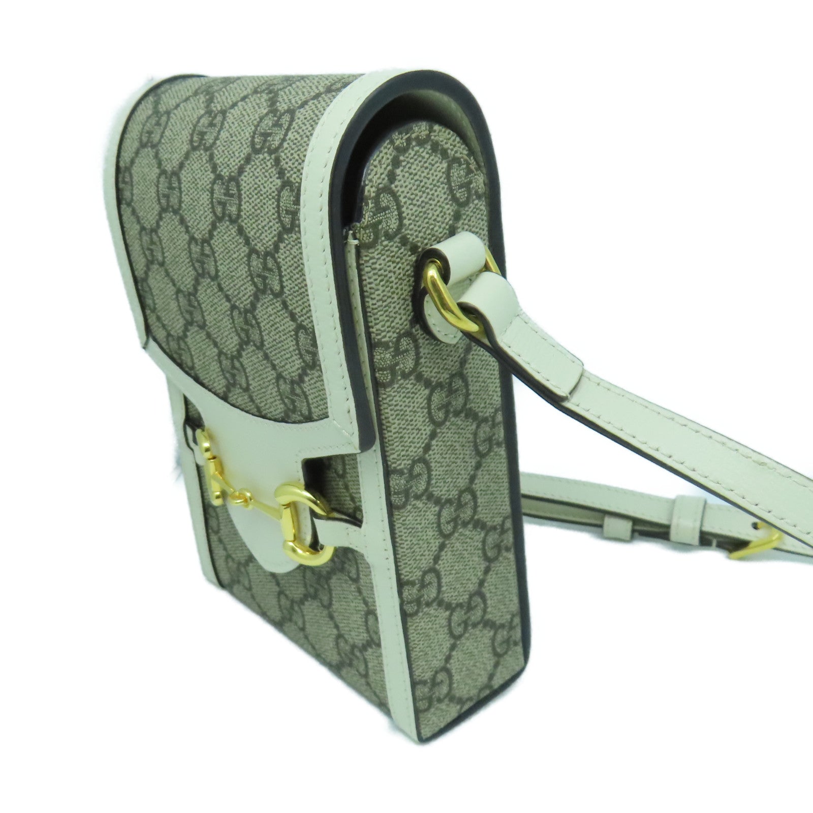 GUCCI 塗層帆布Shoulder Bag金扣肩背袋白色/啡色