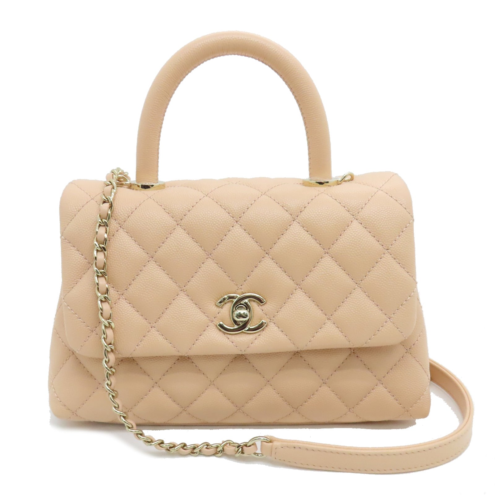 CHANEL 菱格Caviar皮革2 Way Shoulder Bag金扣手挽肩背兩用袋粉紅色