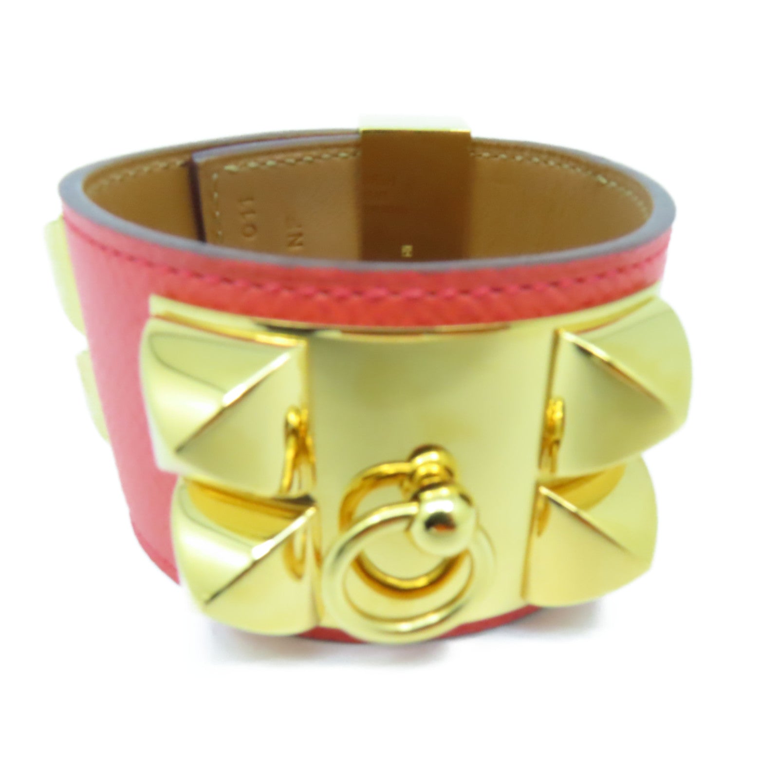 HERMES Epsom皮革Collier De Chien金扣手鐲蜜桃紅色