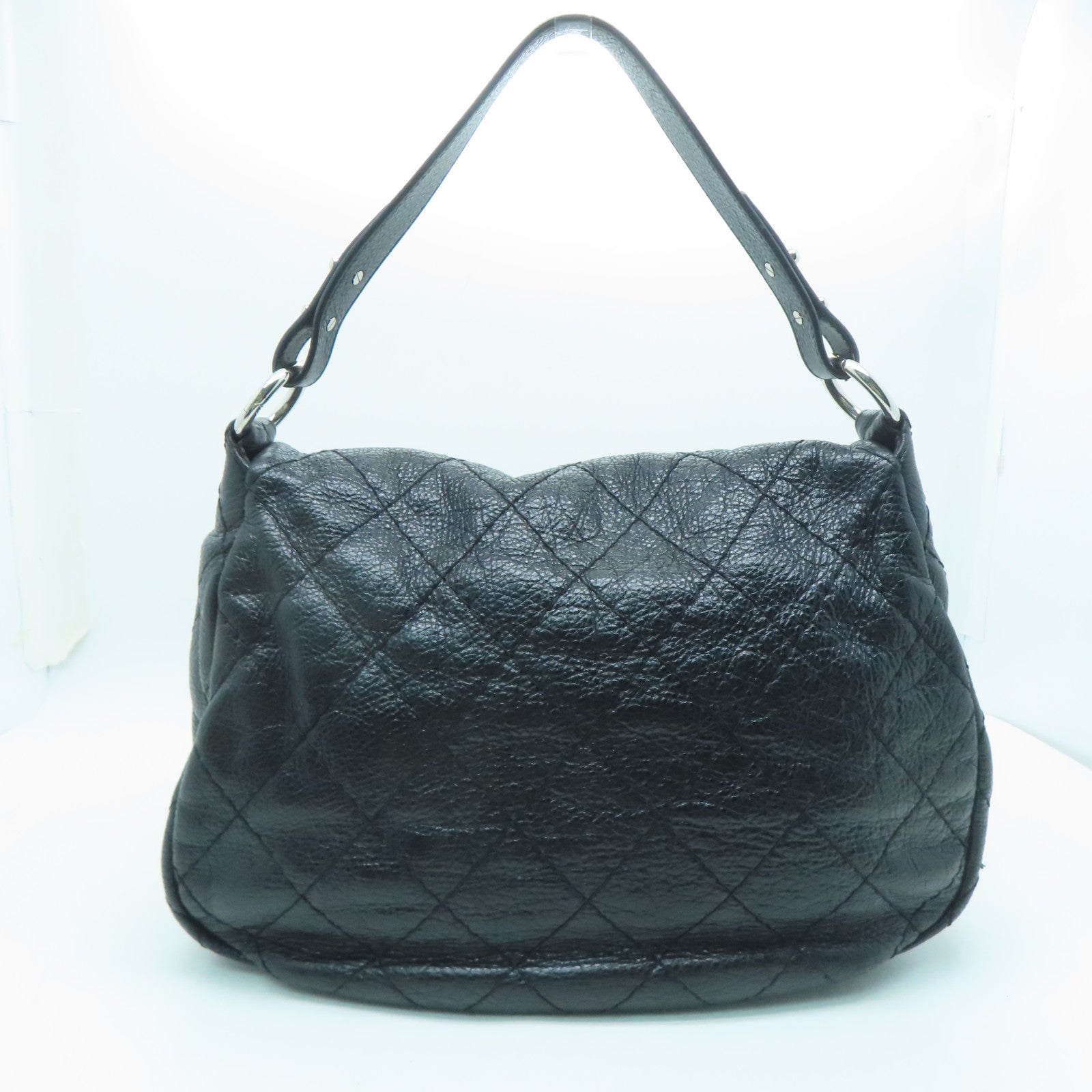 CHANEL 菱格牛皮皮革Shoulder Bag銀扣肩背袋黑色