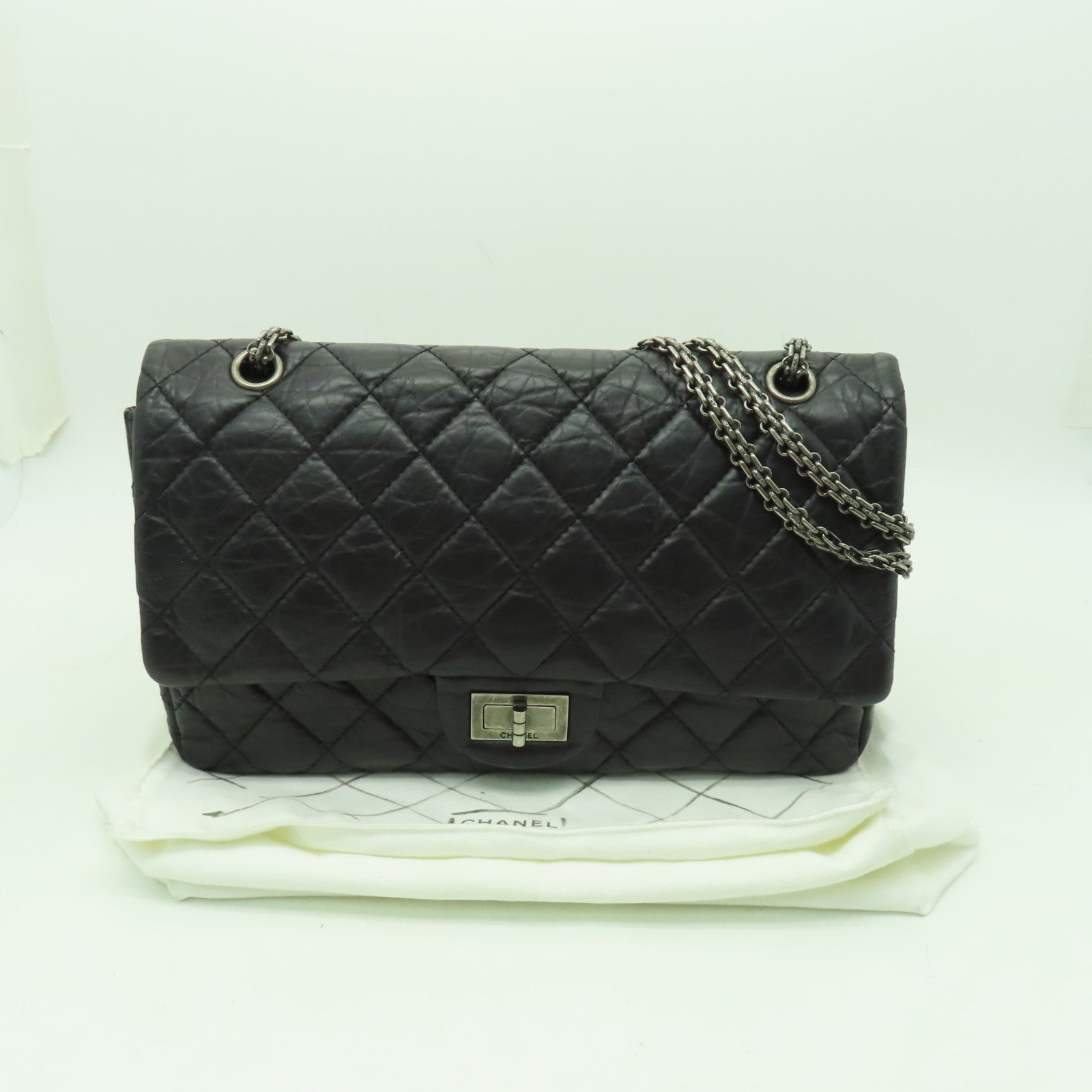 CHANEL Aged Calf皮革2.55銀扣鏈帶肩背袋黒色