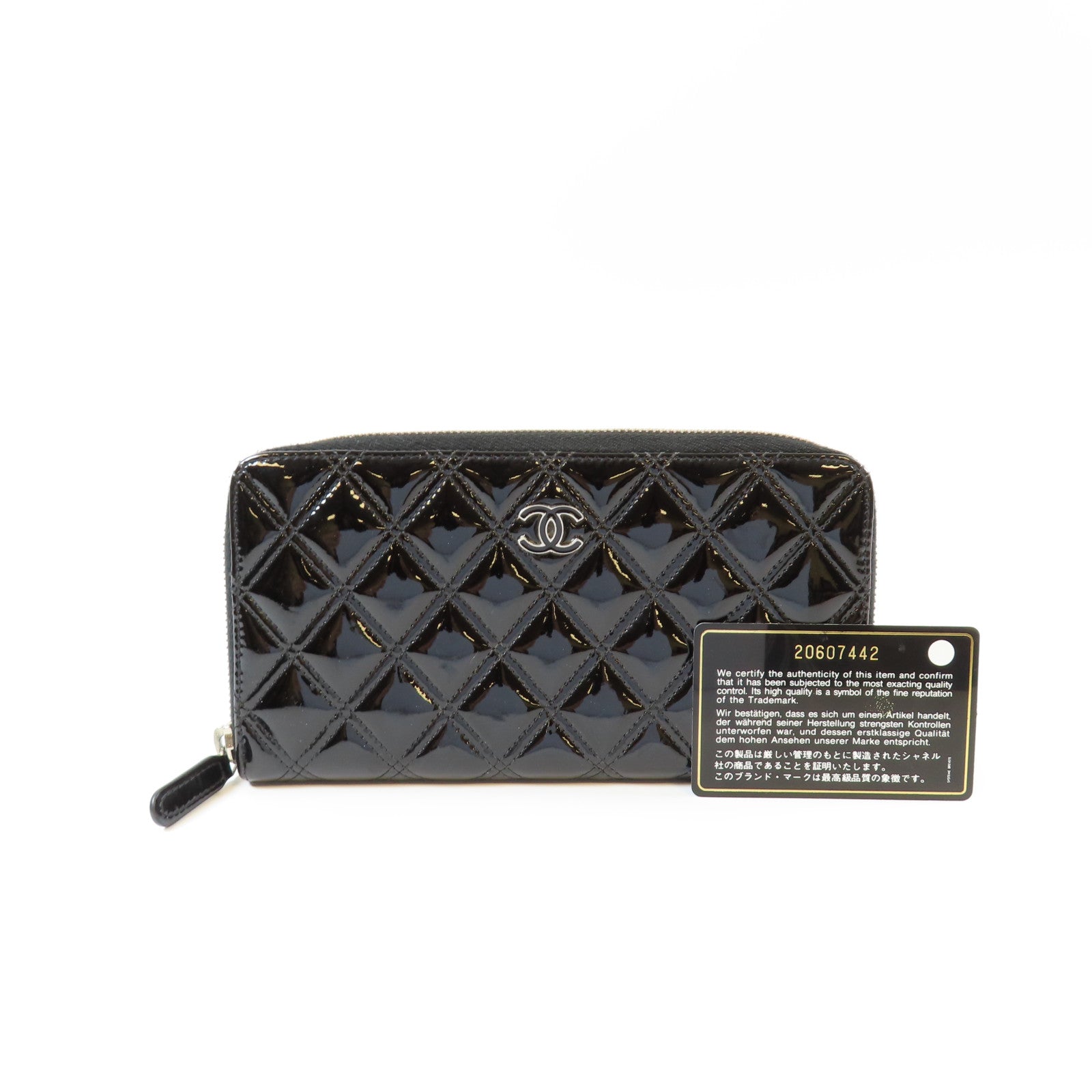 CHANEL 菱格漆皮皮革Long Wallet銀扣長錢包黑色