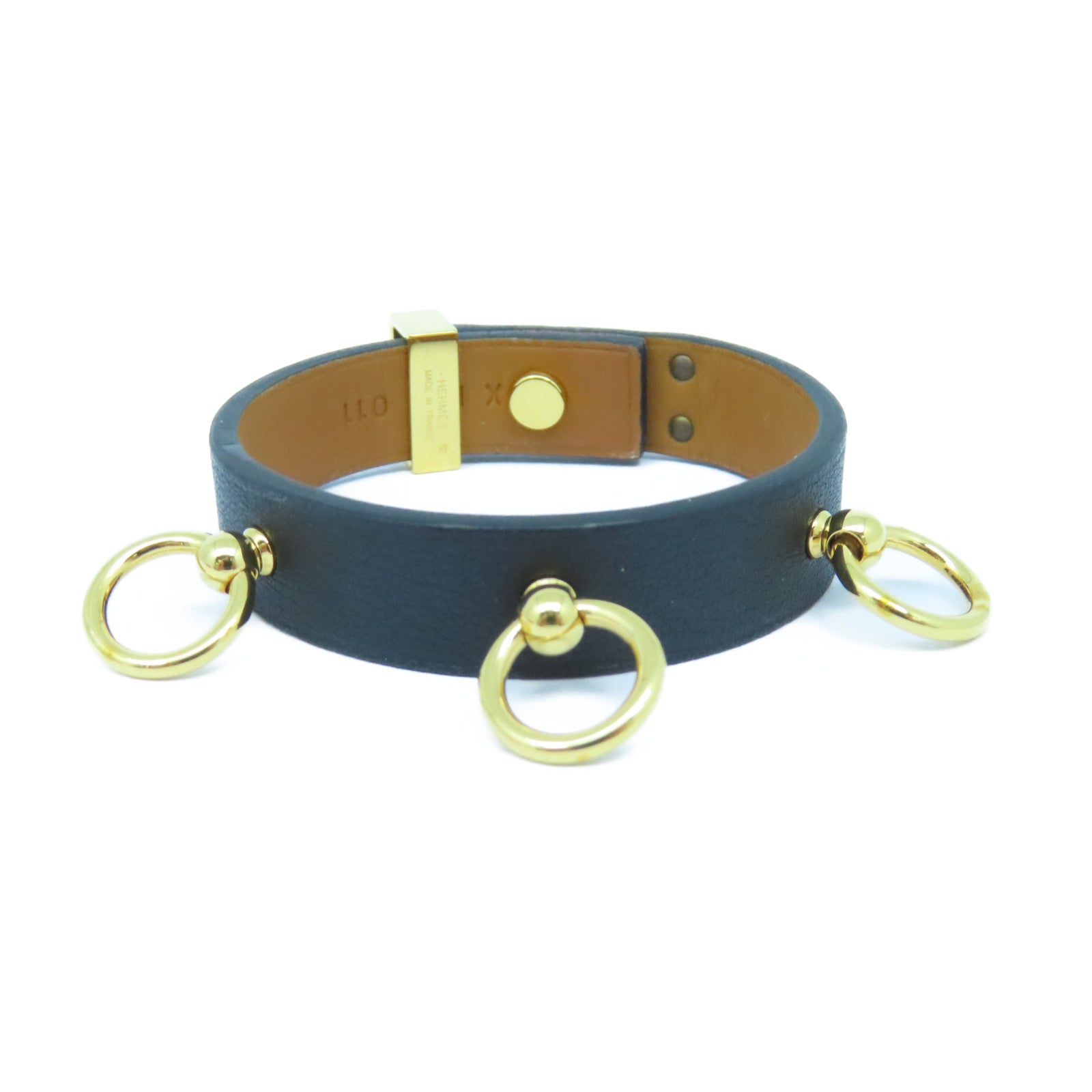 HERMES Swift皮革Bracelet金扣手鐲黑色#14cm