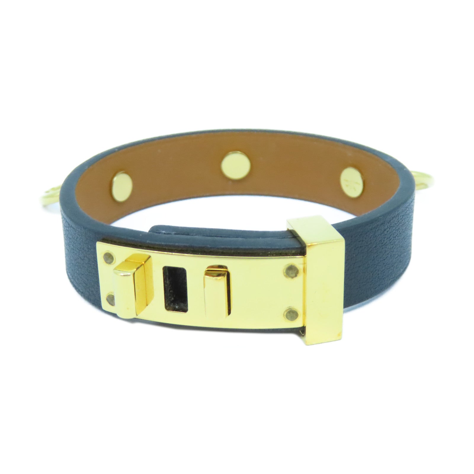 HERMES Swift皮革Bracelet金扣手鐲黑色#14cm