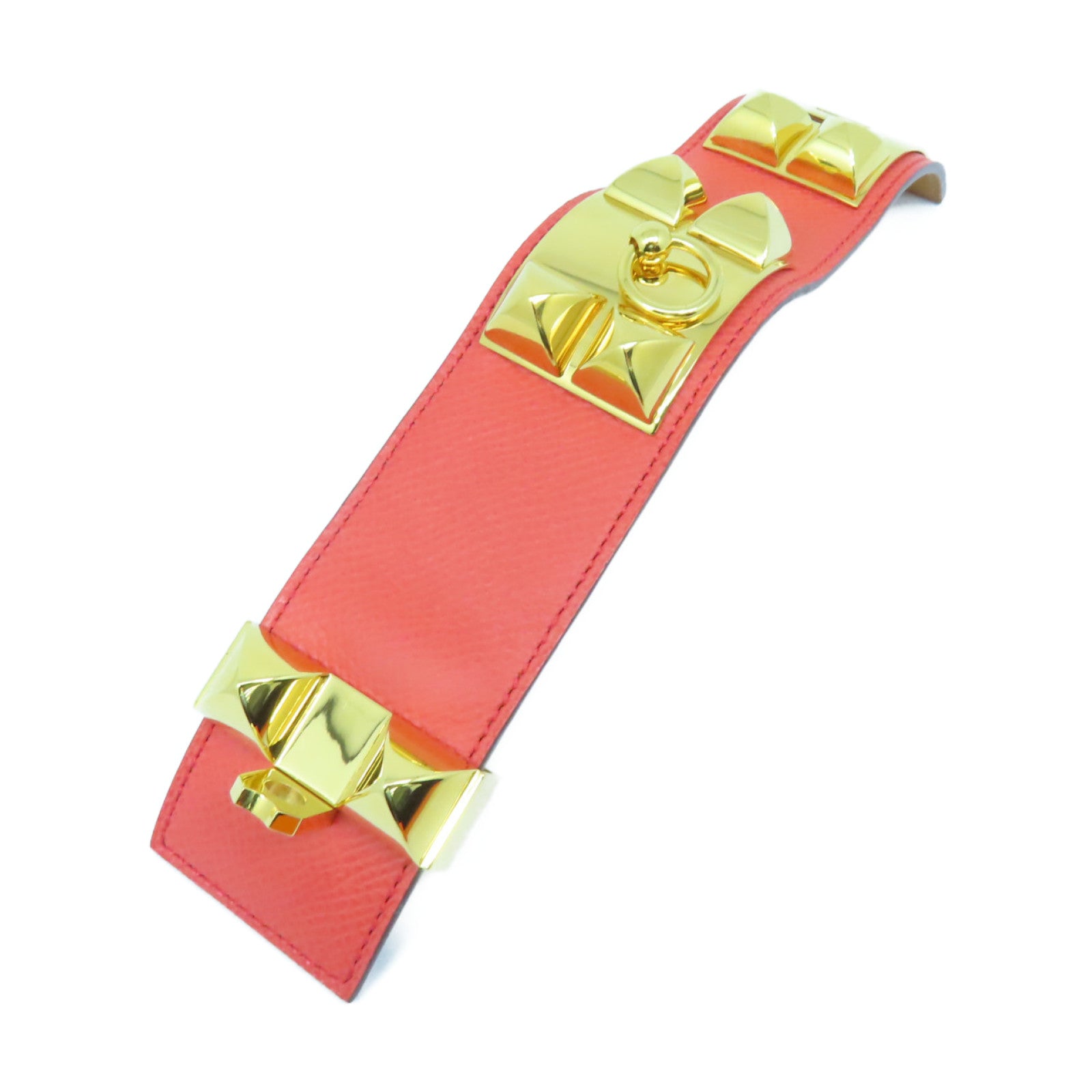 HERMES Epsom皮革Collier De Chien金扣手鐲蜜桃紅色