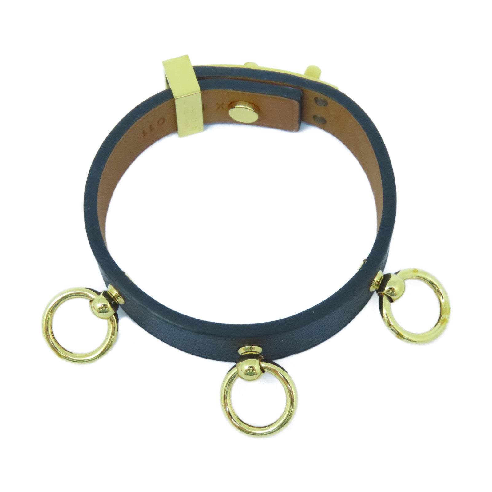 HERMES Swift皮革Bracelet金扣手鐲黑色#14cm