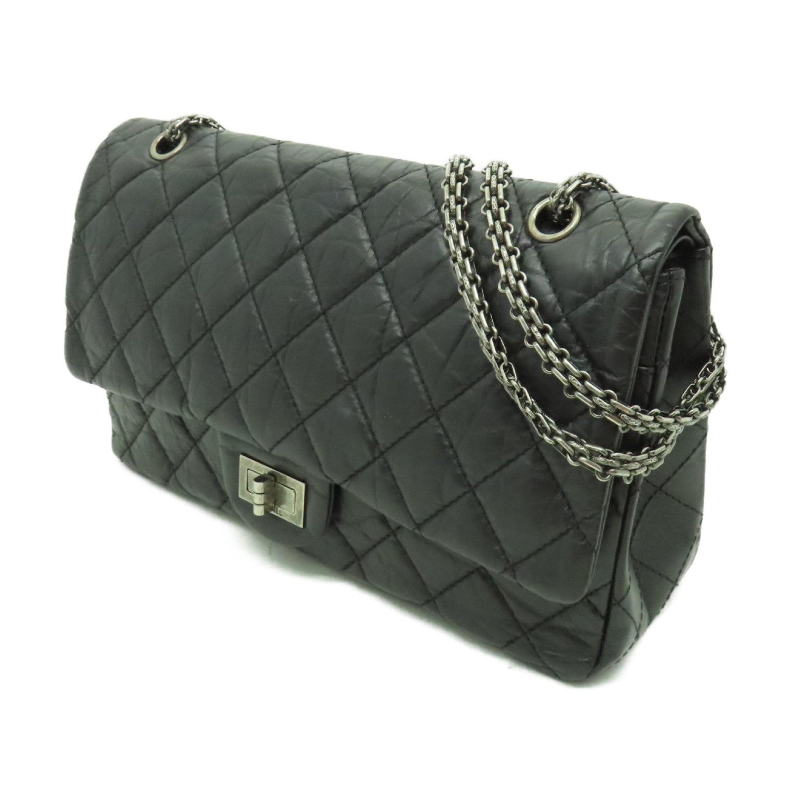 CHANEL Aged Calf皮革2.55銀扣鏈帶肩背袋黒色