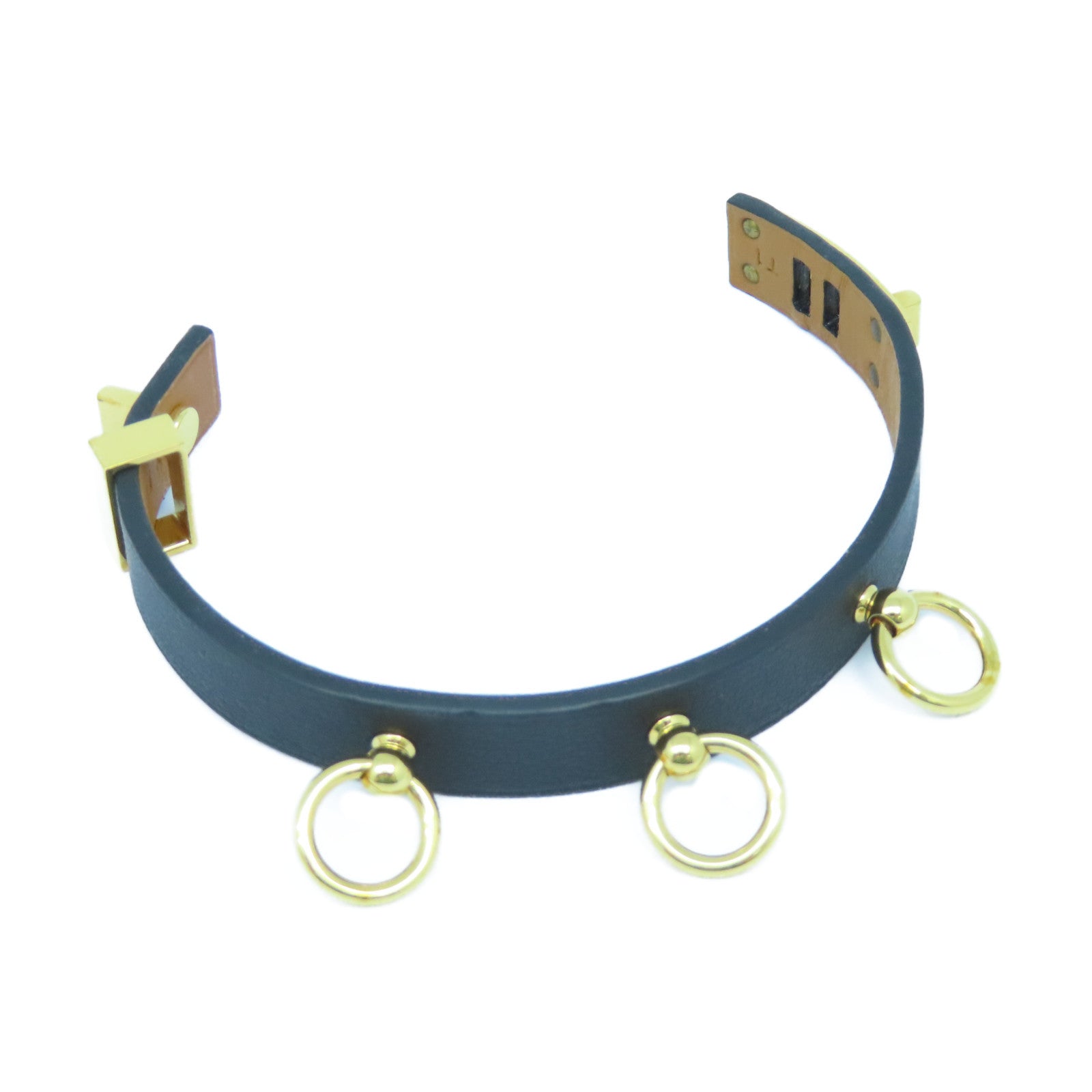 HERMES Swift皮革Bracelet金扣手鐲黑色#14cm