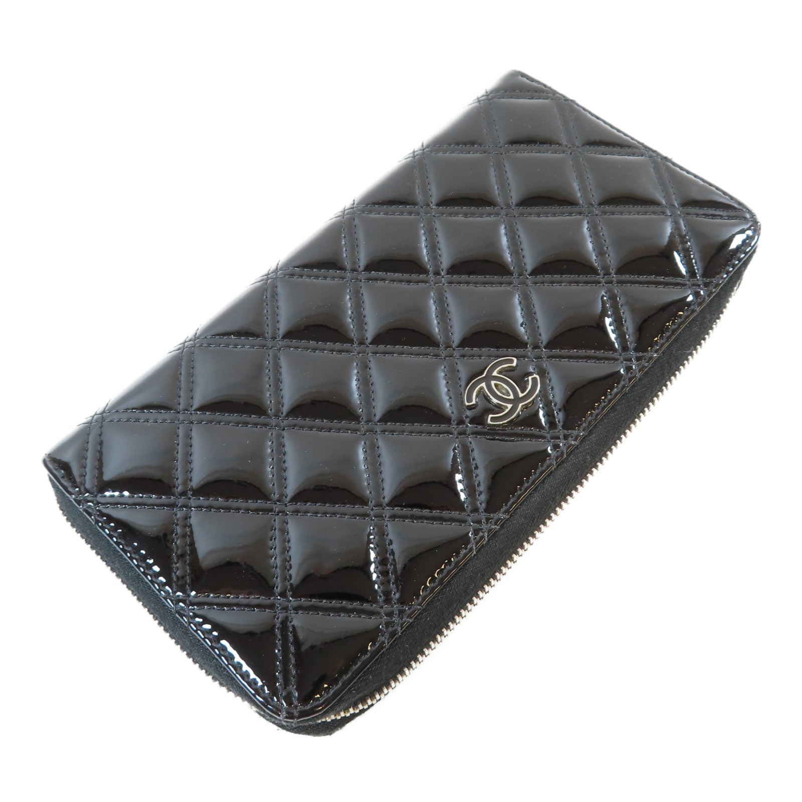 CHANEL 菱格漆皮皮革Long Wallet銀扣長錢包黑色