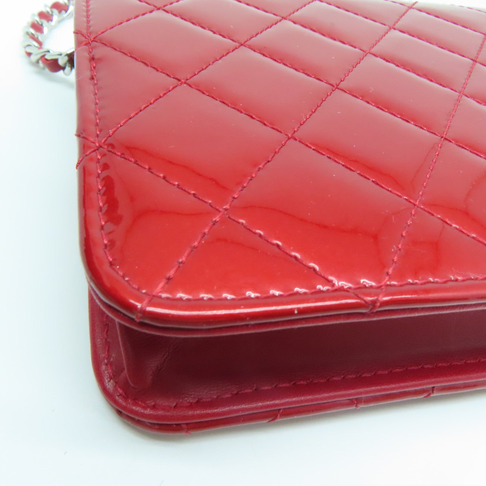 CHANEL Rhombus Patent Leather Wallet on Chain Shoulder Bag Red