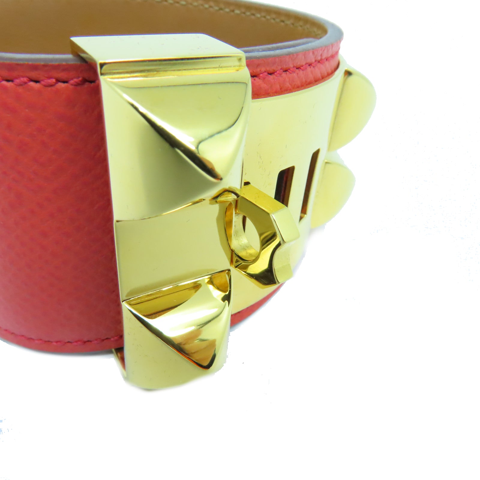 HERMES Epsom皮革Collier De Chien金扣手鐲蜜桃紅色