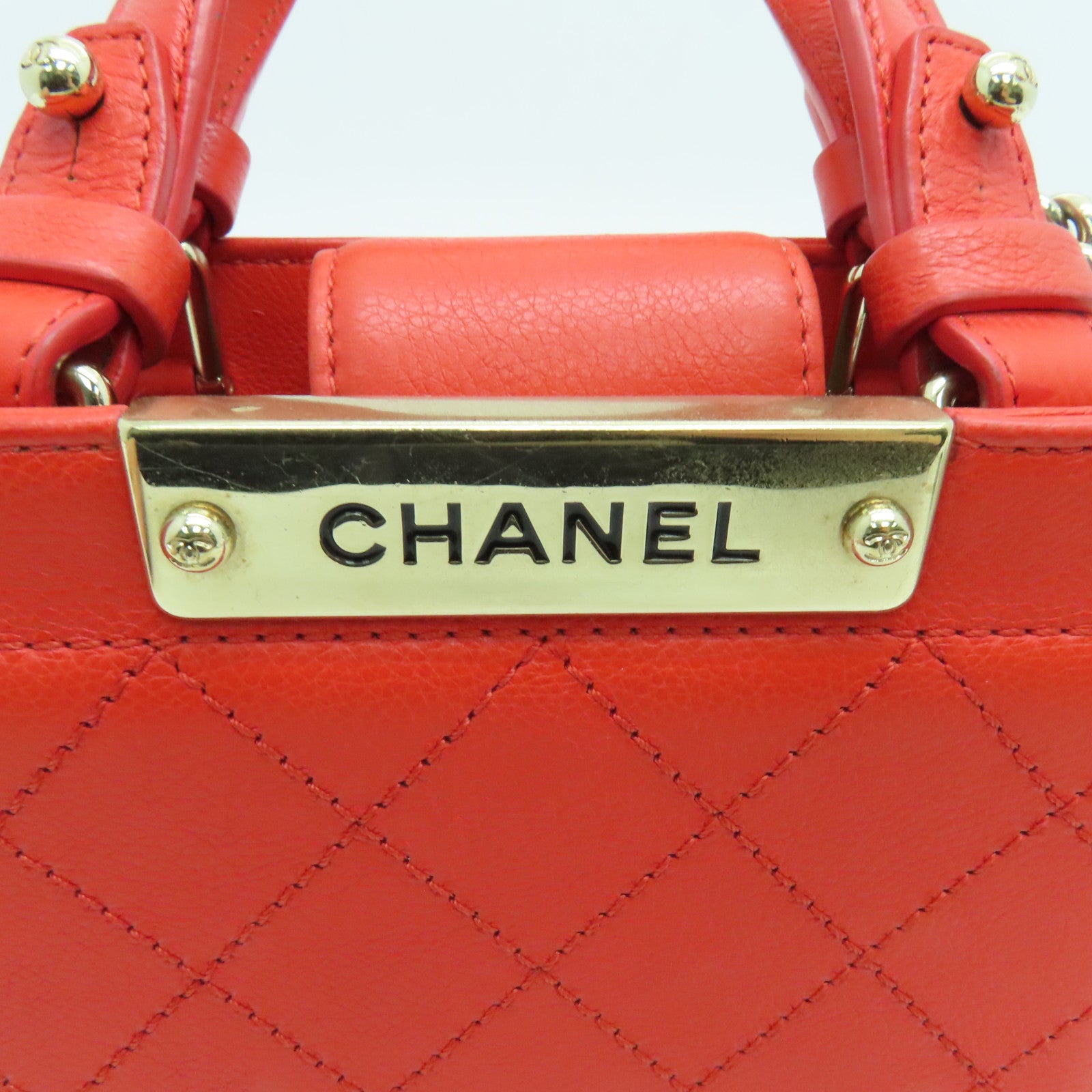 CHANEL 菱格牛皮皮革２Way Shoulder金扣手挽肩背兩用袋橙色