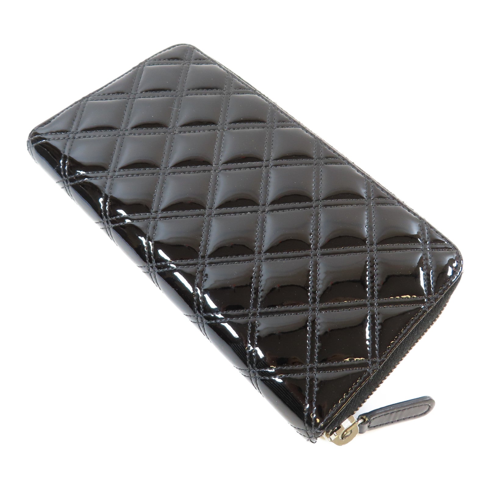 CHANEL 菱格漆皮皮革Long Wallet銀扣長錢包黑色