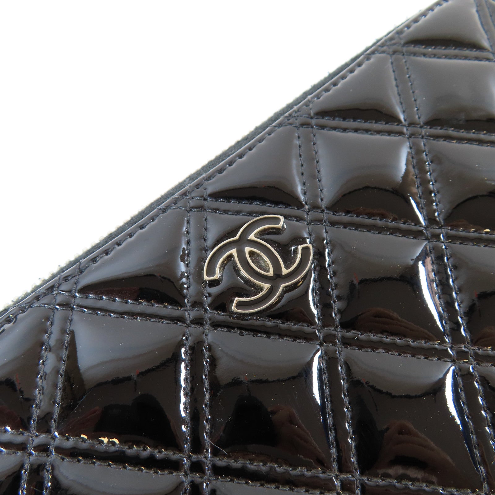 CHANEL 菱格漆皮皮革Long Wallet銀扣長錢包黑色