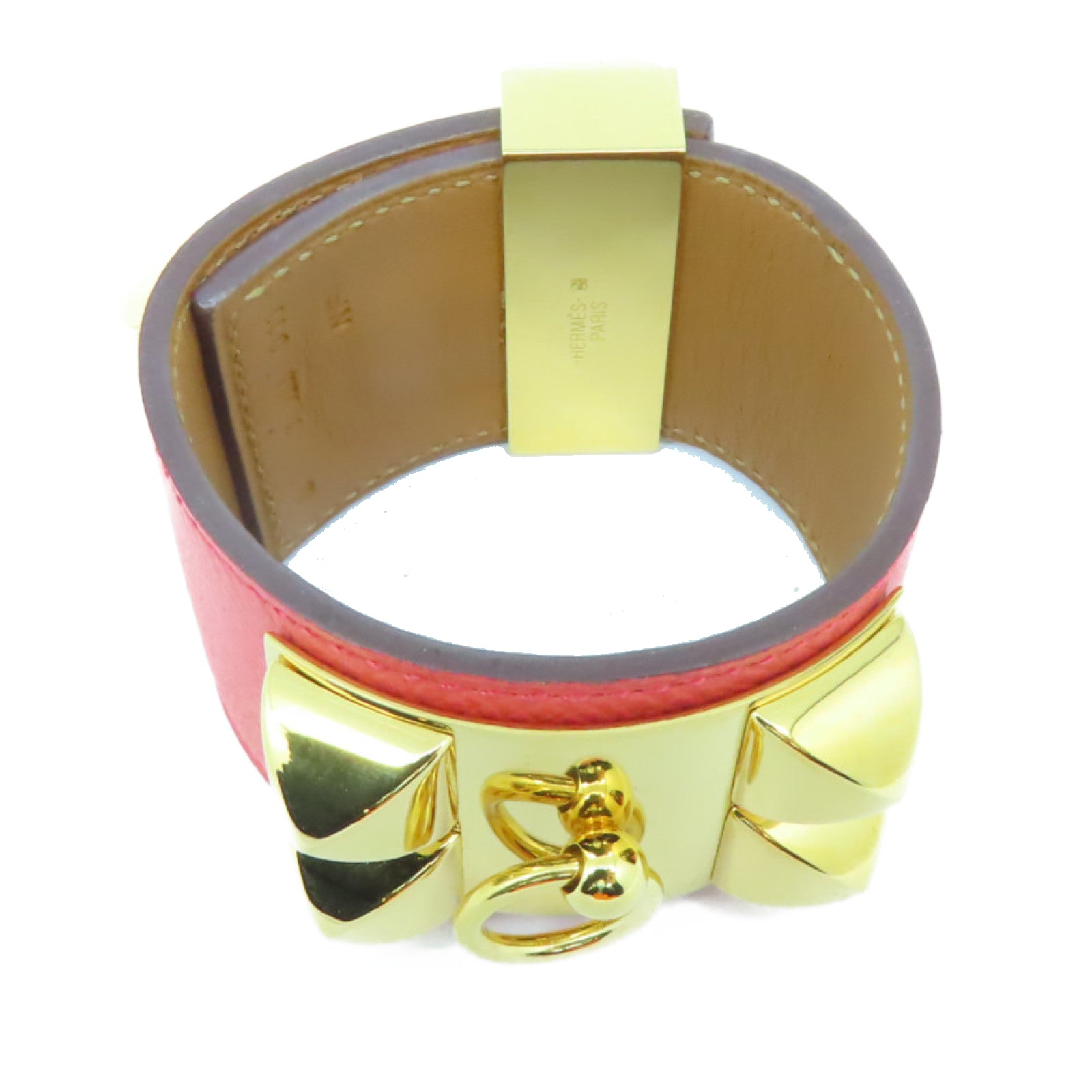 HERMES Epsom皮革Collier De Chien金扣手鐲蜜桃紅色