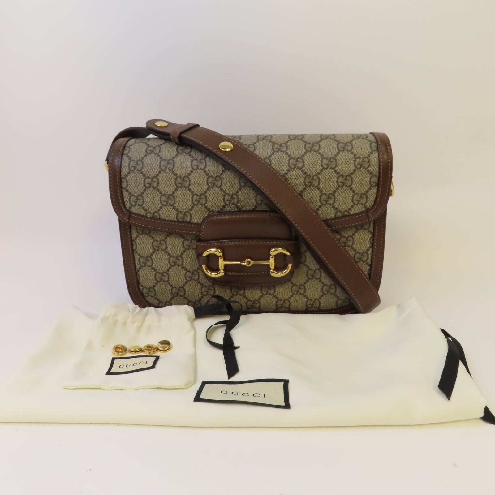 GUCCI 塗層帆布Horsebit 1955金扣肩背袋啡色