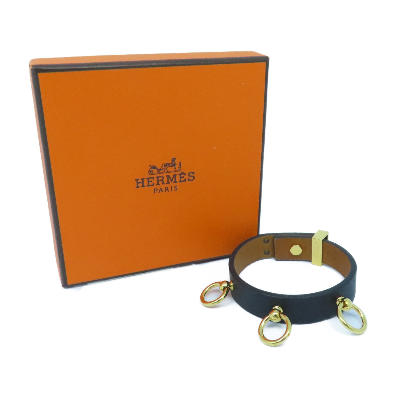HERMES Swift皮革Bracelet金扣手鐲黑色#14cm