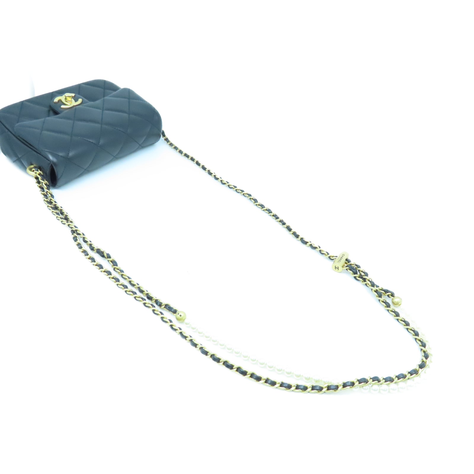 CHANEL 菱格羊皮皮革Chain Shoulder金扣鏈帶肩背袋黑色