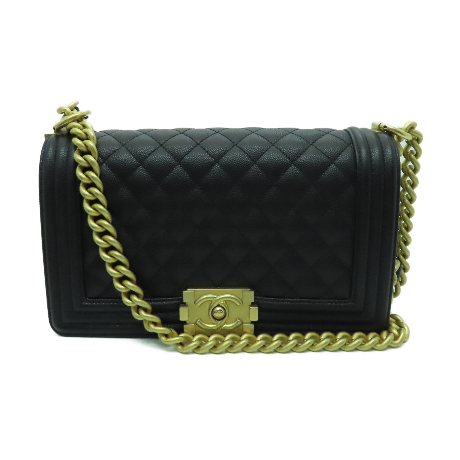 CHANEL 菱格Caviar皮革Boy Chanel 25金扣手挽肩背兩用袋黑色