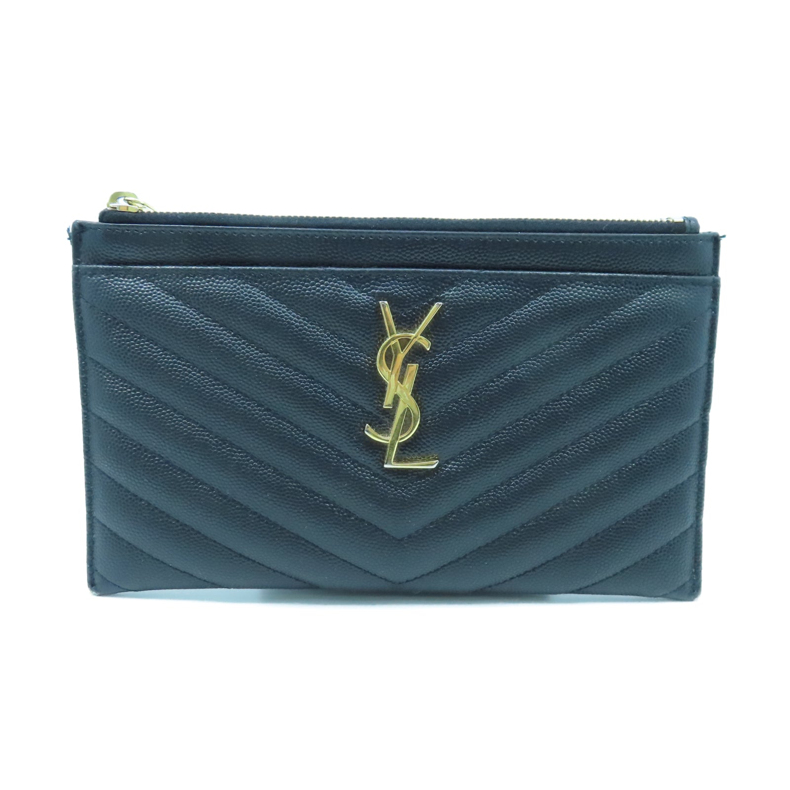 SAINT LAURENT 斜紋牛皮皮革Pouch金扣手拿包黑色