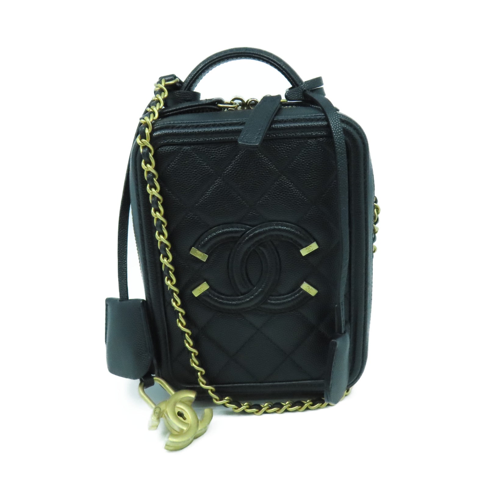 CHANEL 菱格Caviar皮革Chain Shoulder金扣手挽肩背兩用袋黑色
