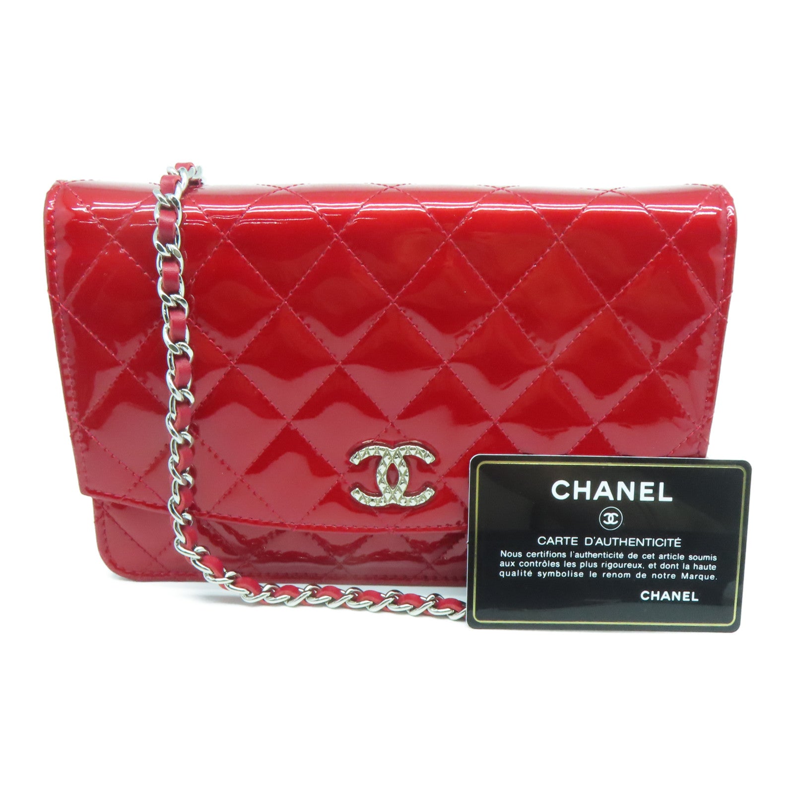 CHANEL Rhombus Patent Leather Wallet on Chain Shoulder Bag Red