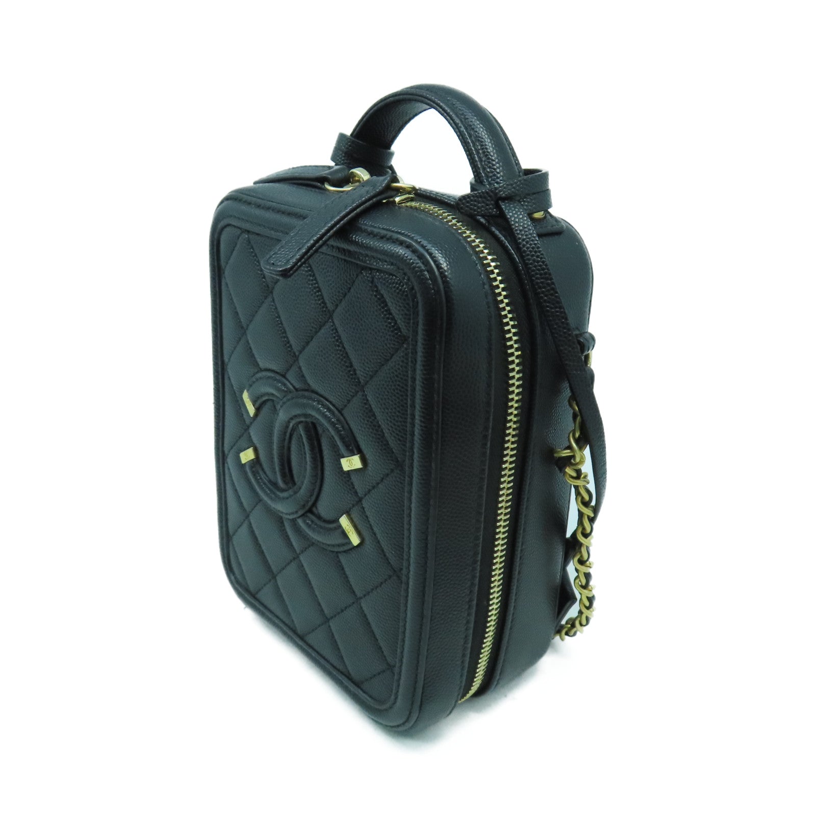 CHANEL 菱格Caviar皮革Chain Shoulder金扣手挽肩背兩用袋黑色