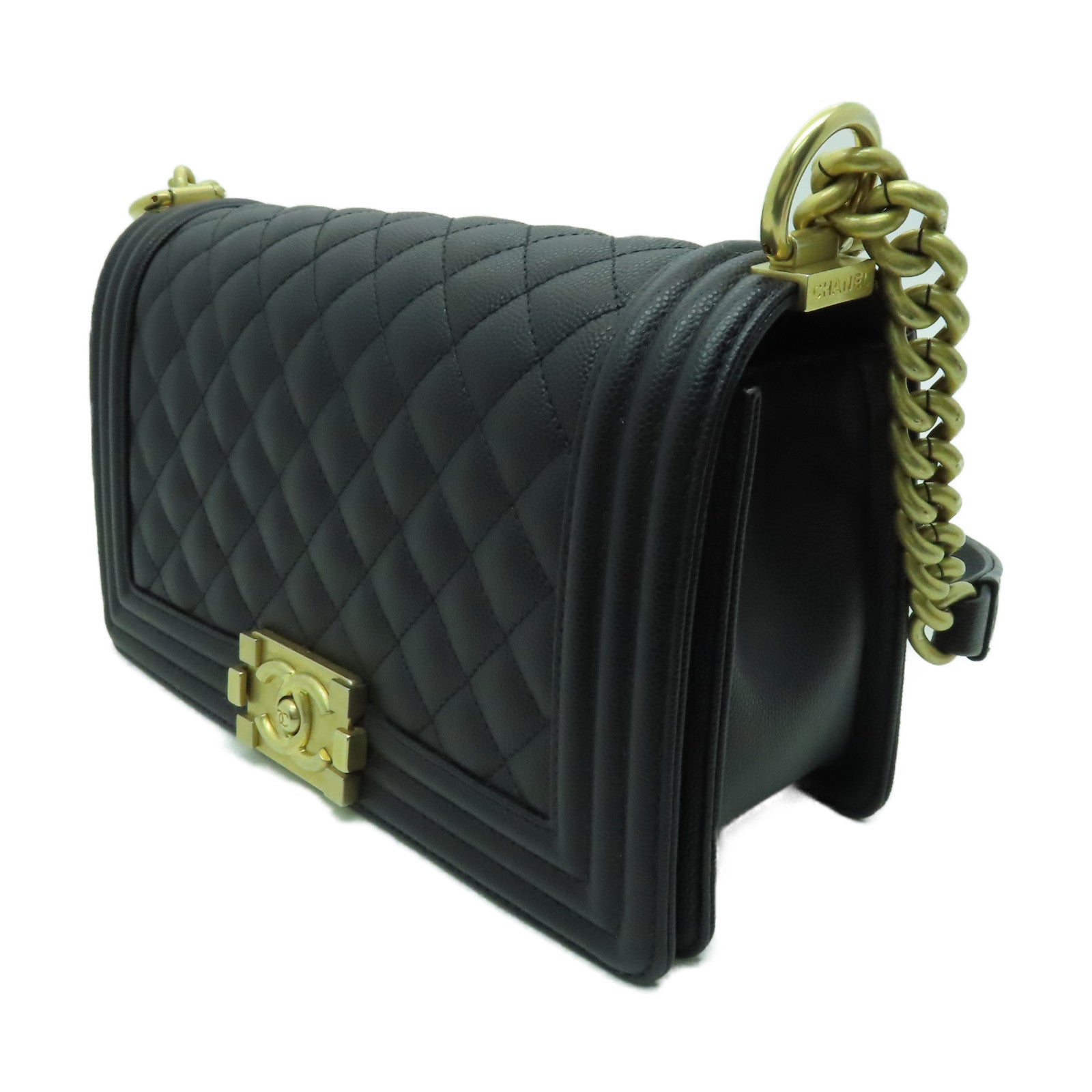 CHANEL 菱格Caviar皮革Boy Chanel 25金扣手挽肩背兩用袋黑色