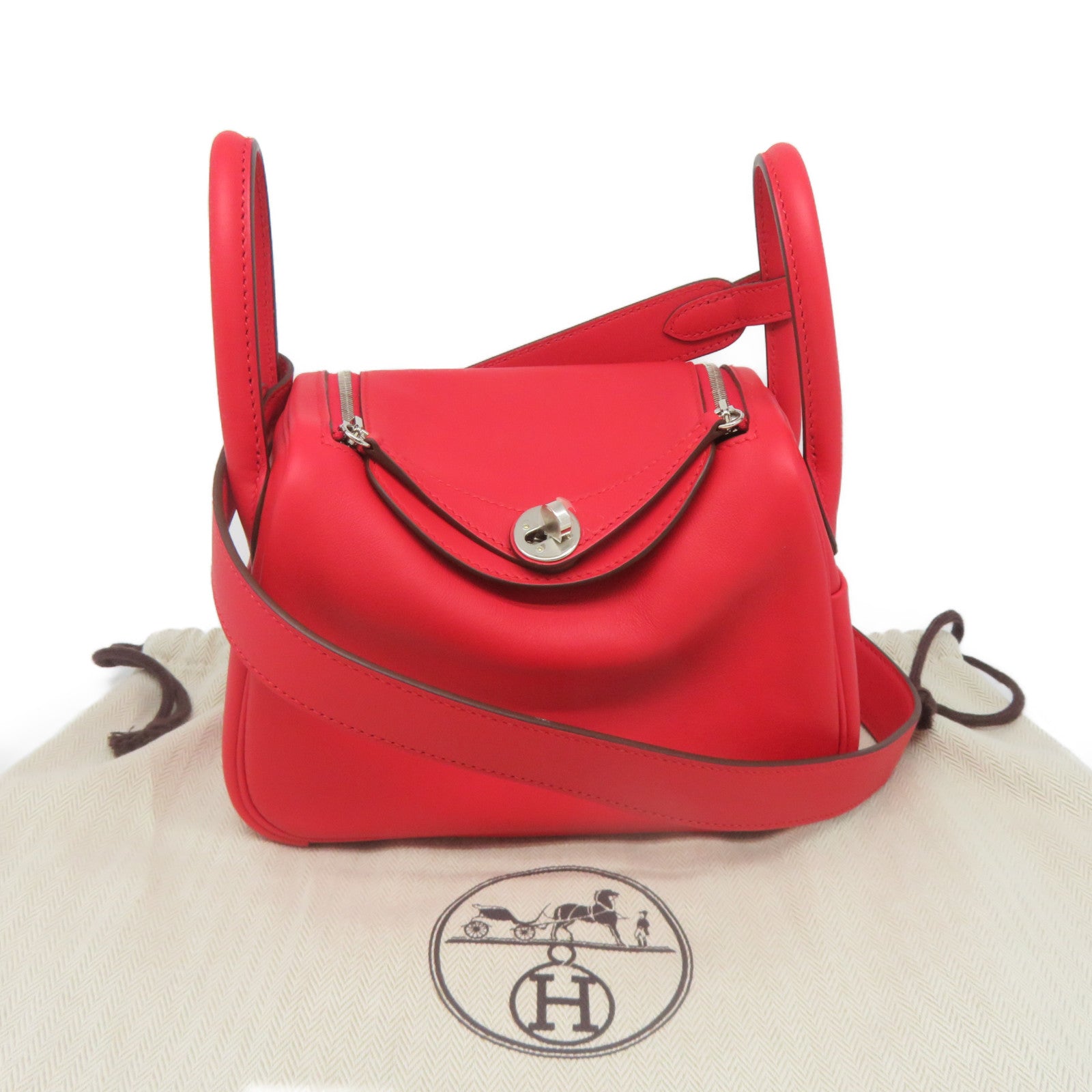 HERMES Swift皮革Mini Lindy銀扣肩背袋Rouge De Coeur