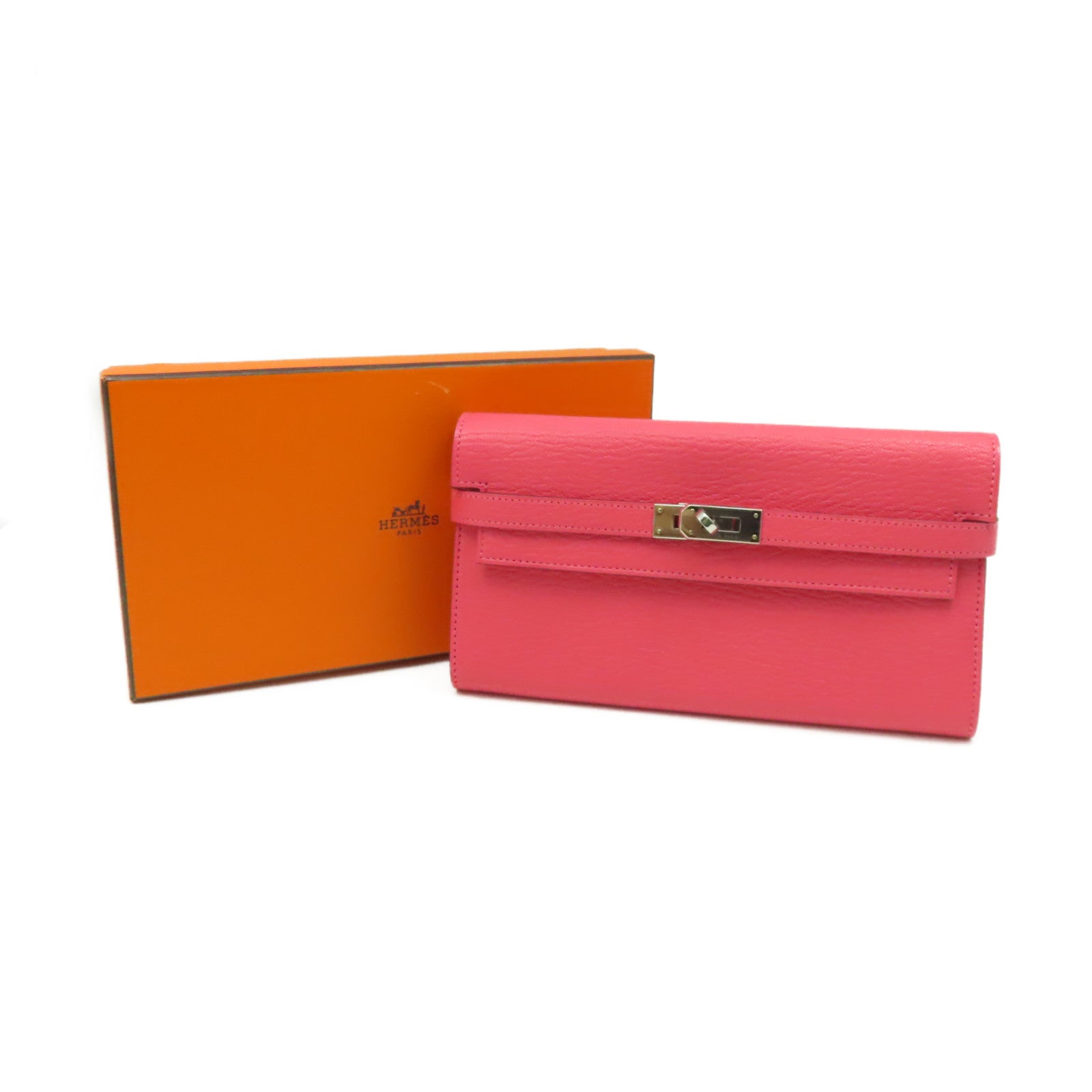 HERMES Chevre皮革Kelly Long Wallet銀扣長錢包Rose Lipstick唇膏桃紅色