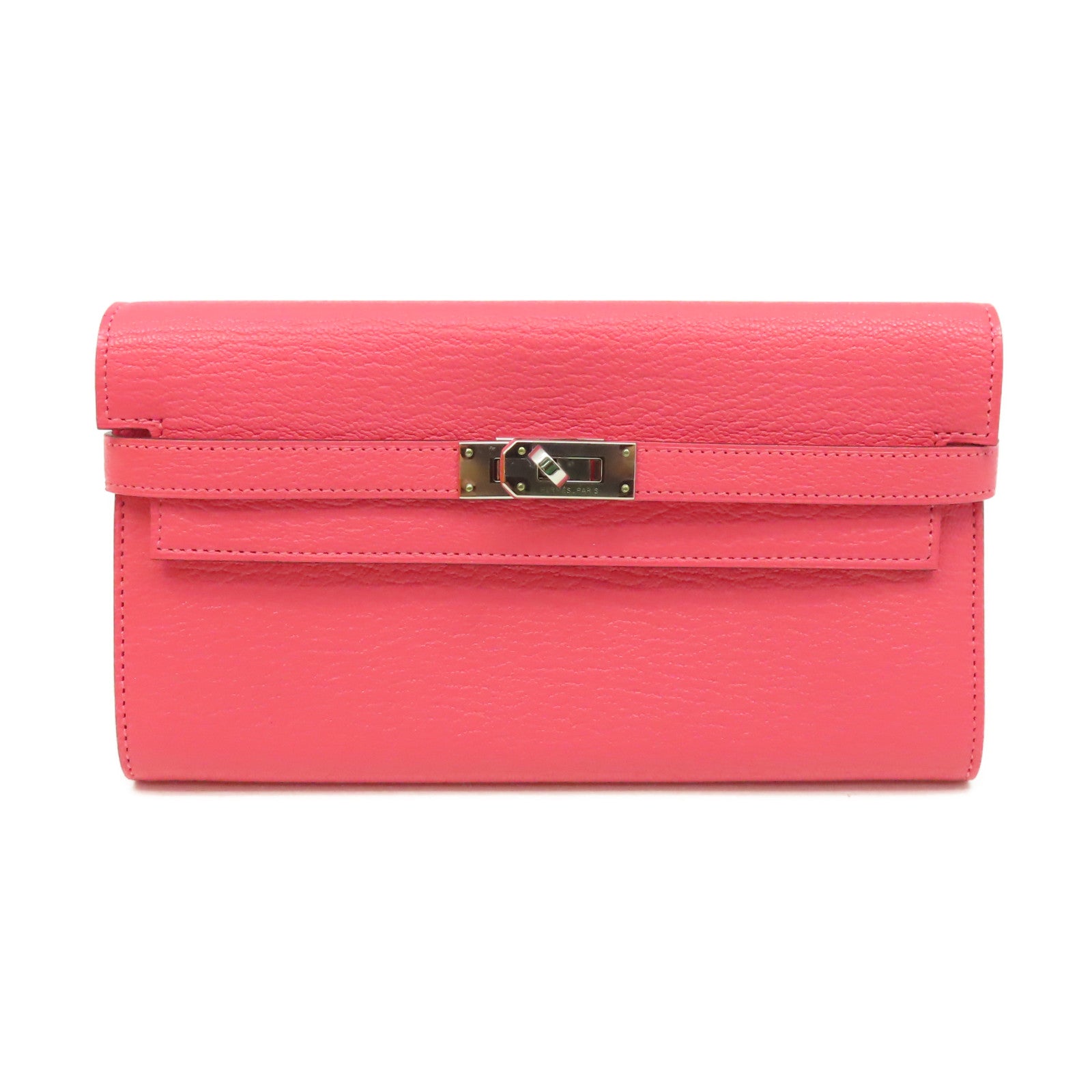 HERMES Chevre皮革Kelly Long Wallet銀扣長錢包Rose Lipstick唇膏桃紅色