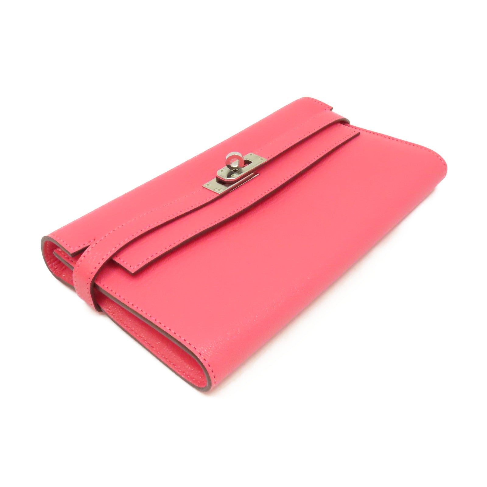 HERMES Chevre皮革Kelly Long Wallet銀扣長錢包Rose Lipstick唇膏桃紅色