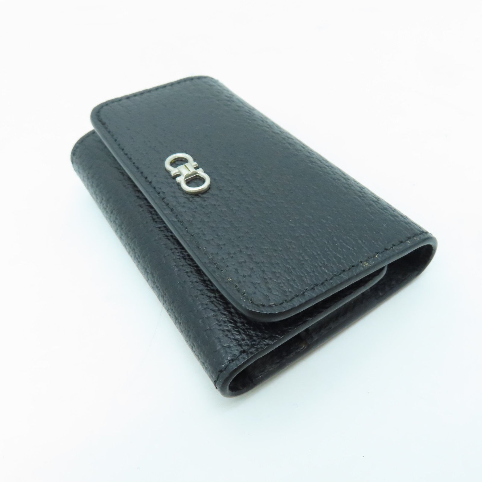 Salvatore Ferragamo Leather Key Holder Silver Buckle Key Bag Black
