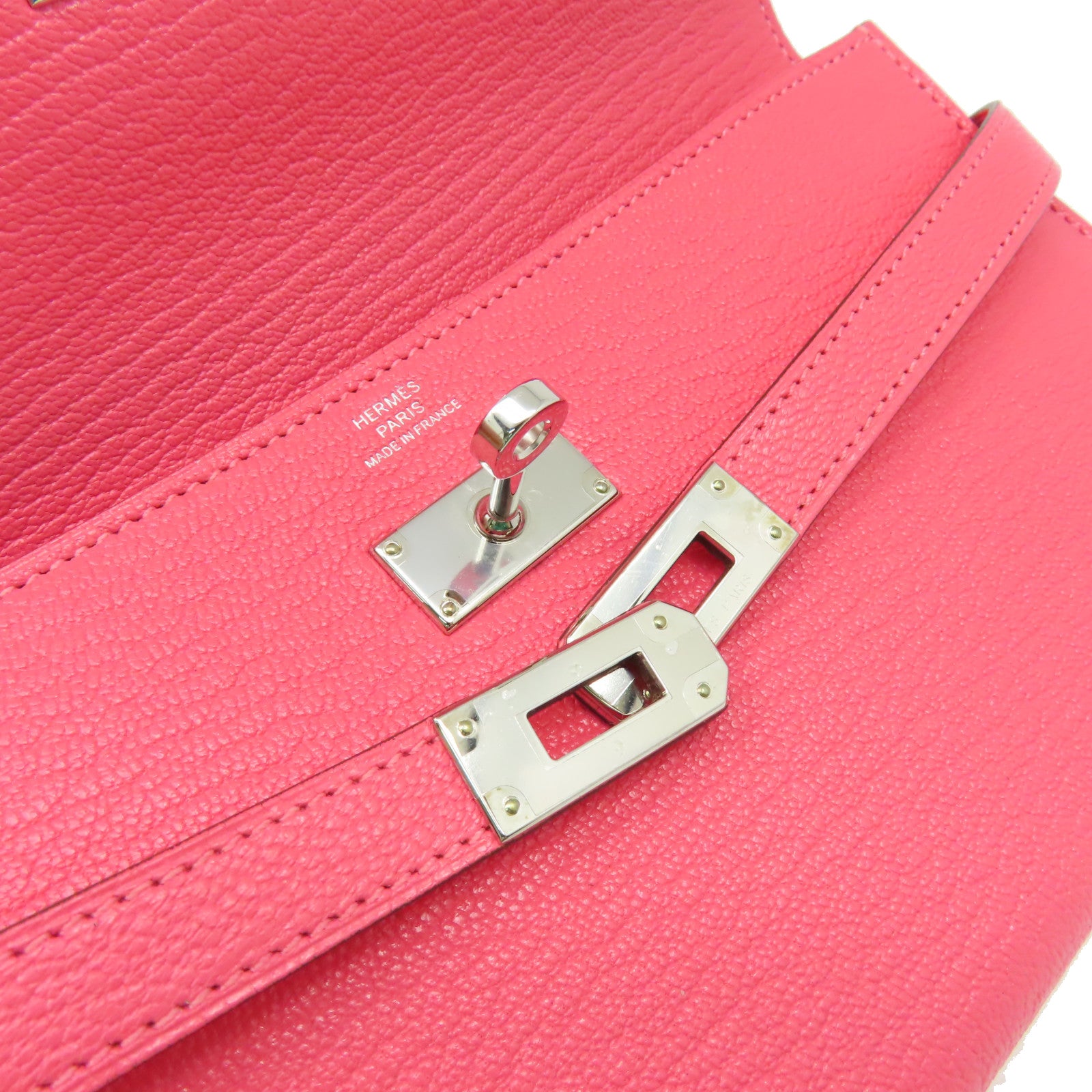 HERMES Chevre皮革Kelly Long Wallet銀扣長錢包Rose Lipstick唇膏桃紅色