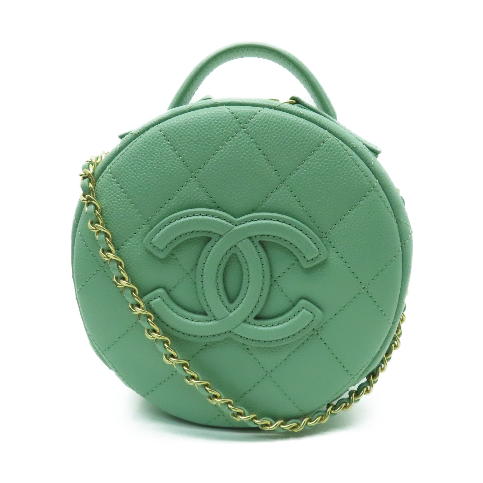 CHANEL 菱格Caviar皮革Small Vanity Case金扣手挽肩背兩用袋淺綠色