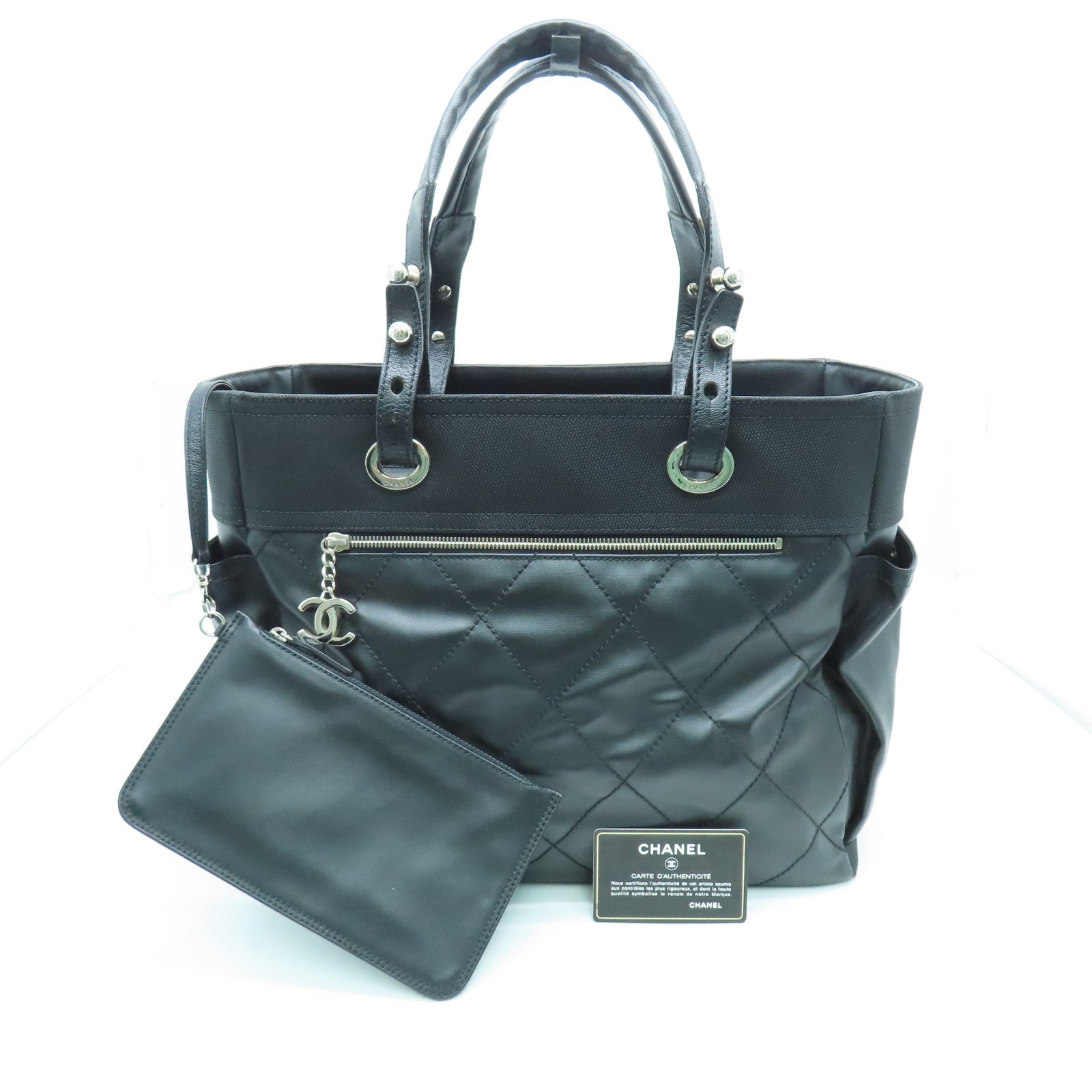 CHANEL 菱格涂层帆布Tote Bag银扣手挽袋黑色