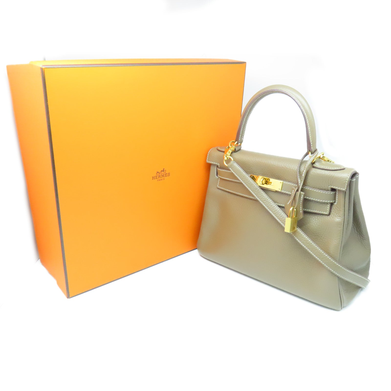 HERMES Clemence Leather Kelly 28 Gold Buckle Handle Bag Elephant Gray