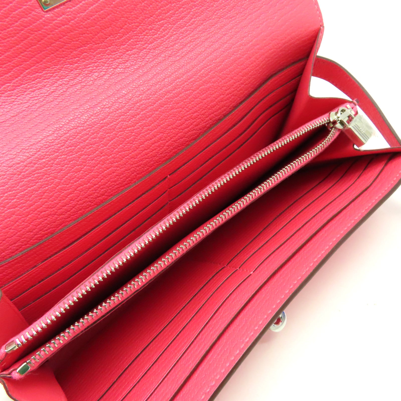 HERMES Chevre皮革Kelly Long Wallet銀扣長錢包Rose Lipstick唇膏桃紅色