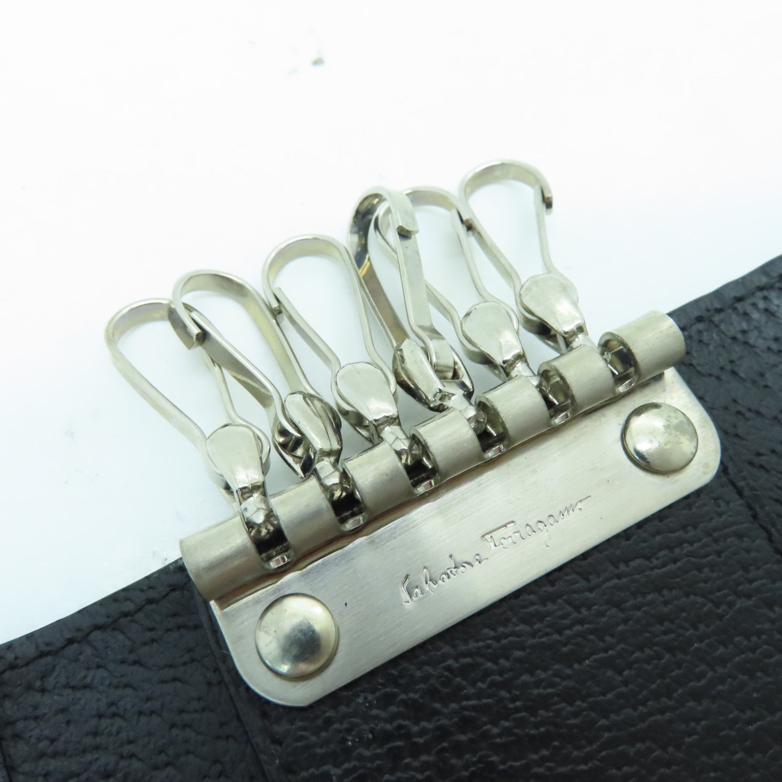 Salvatore Ferragamo Leather Key Holder Silver Buckle Key Bag Black