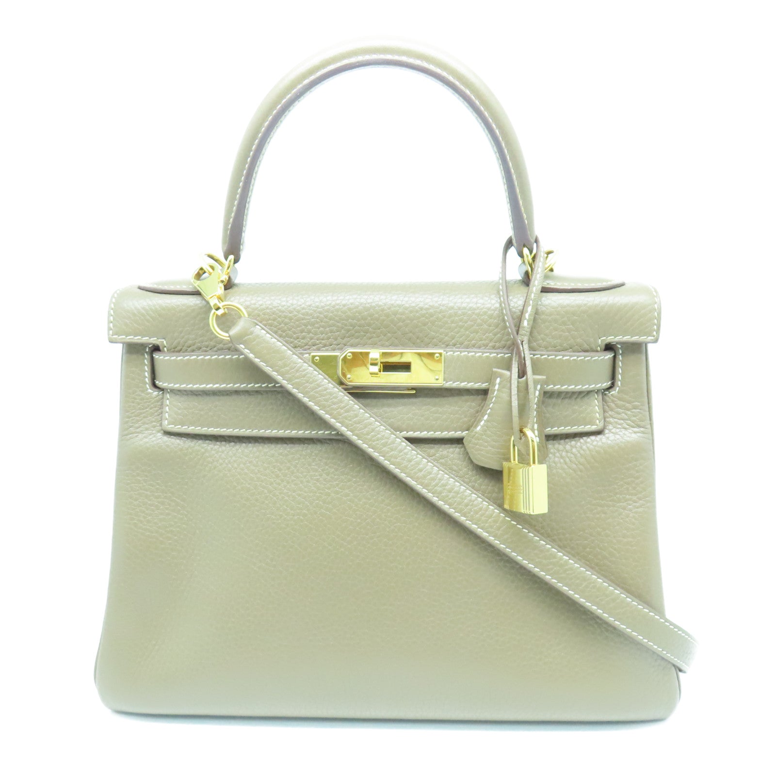 HERMES Clemence Leather Kelly 28 Gold Buckle Handle Bag Elephant Gray