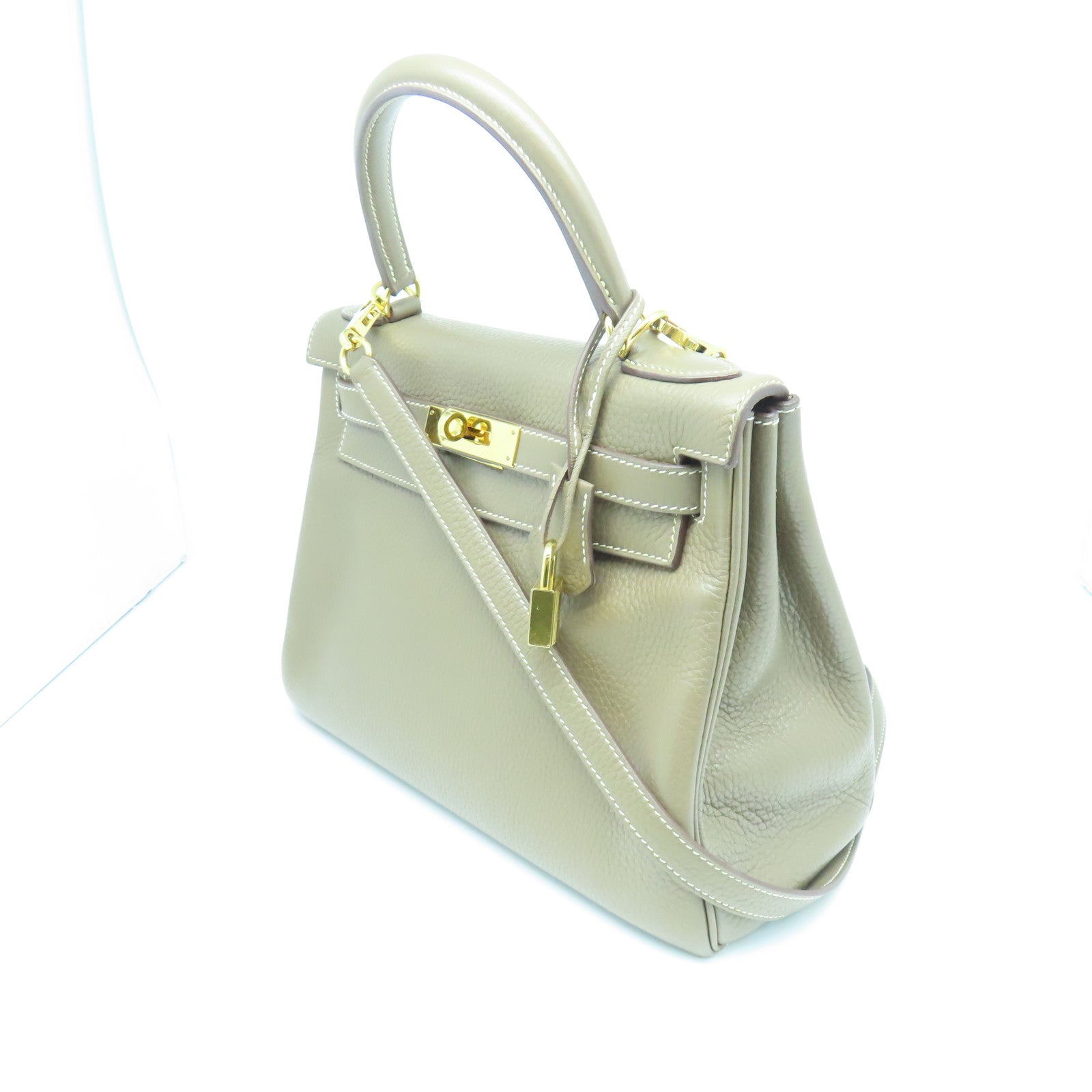 HERMES Clemence Leather Kelly 28 Gold Buckle Handle Bag Elephant Gray