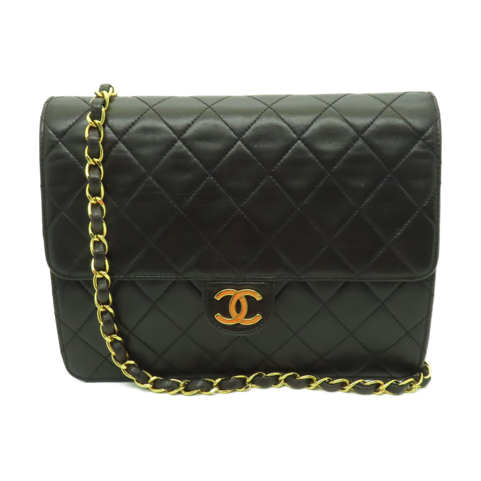 CHANEL 菱格羊皮皮革Pushlock Matelasse金扣鏈帶肩背袋黒色