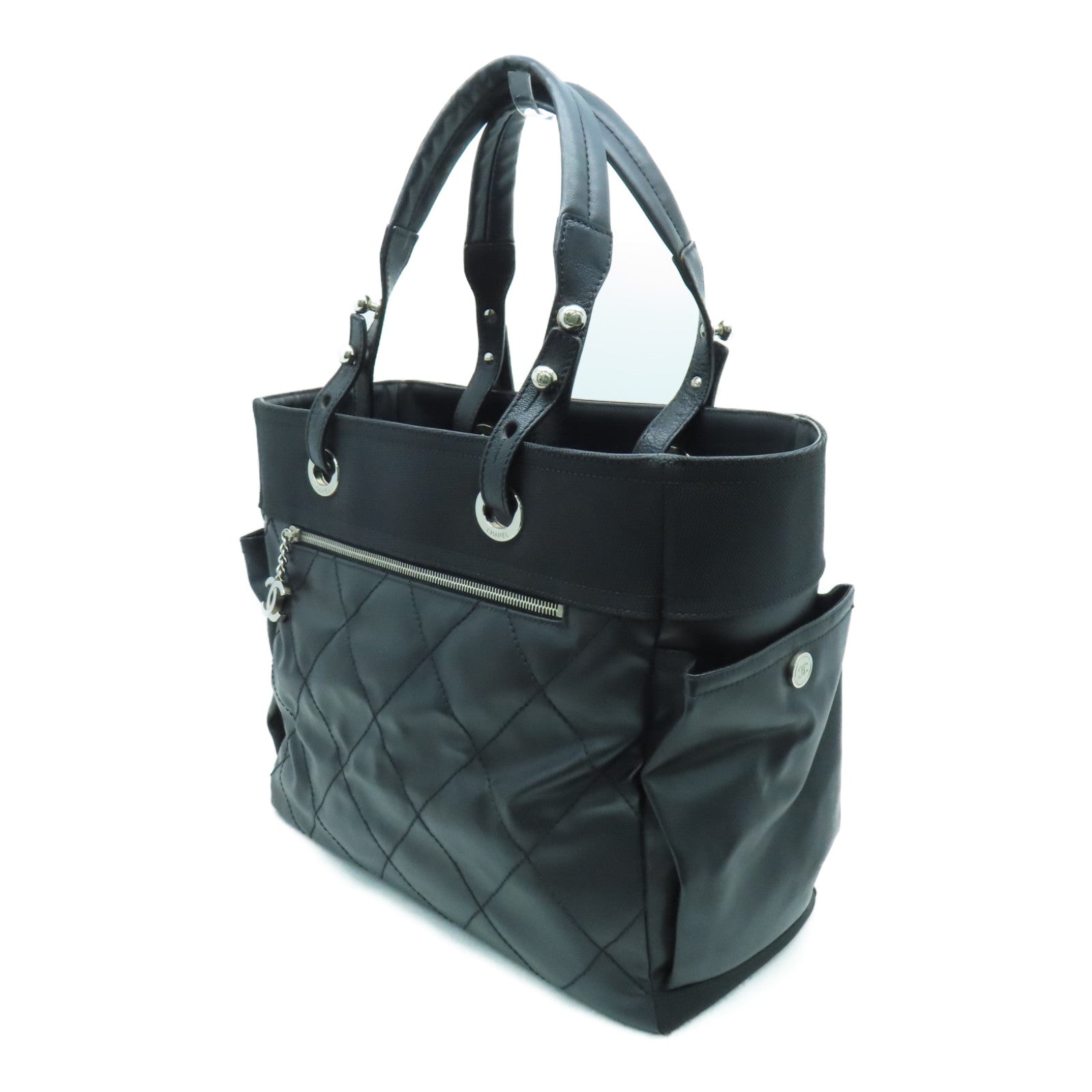CHANEL 菱格涂层帆布Tote Bag银扣手挽袋黑色