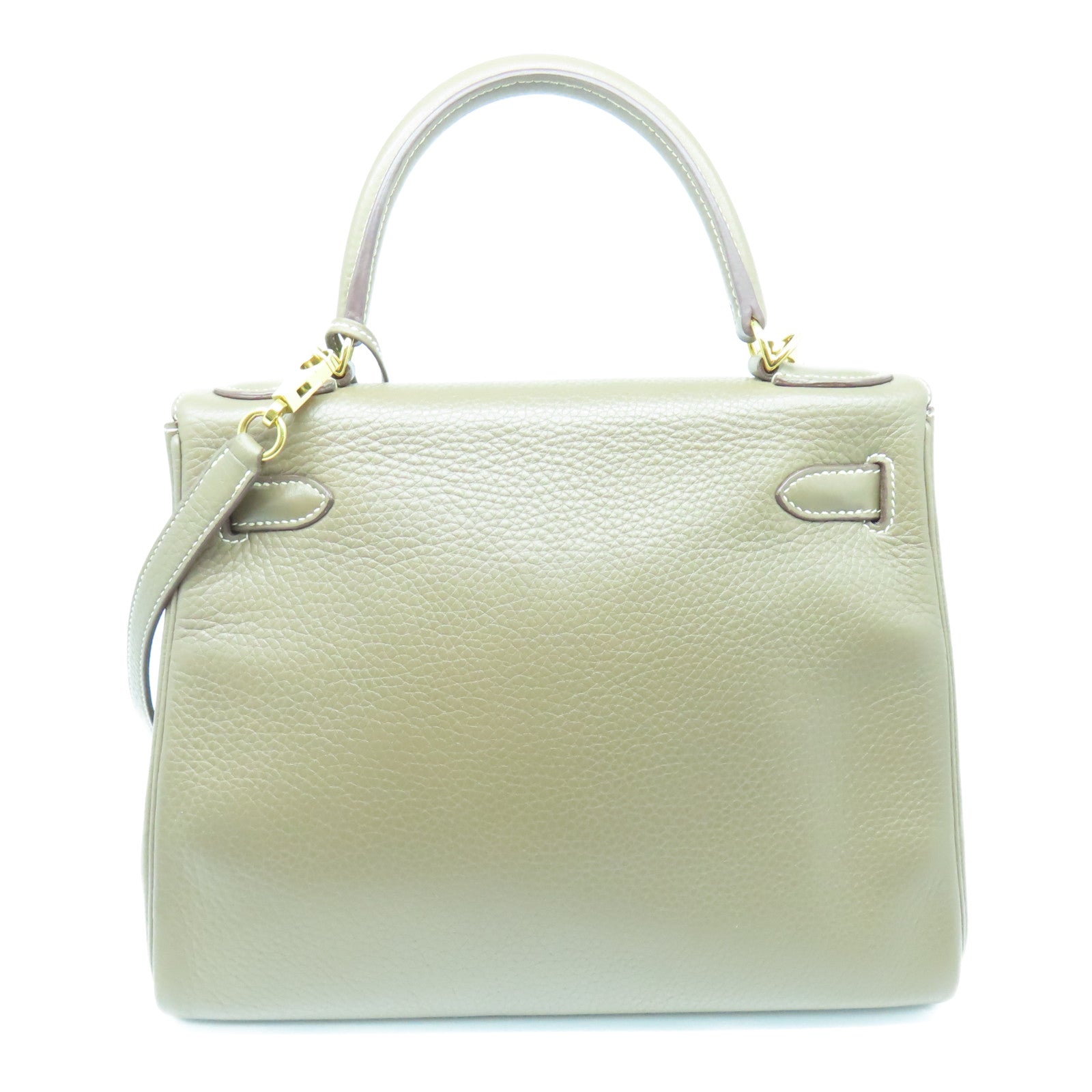 HERMES Clemence Leather Kelly 28 Gold Buckle Handle Bag Elephant Gray