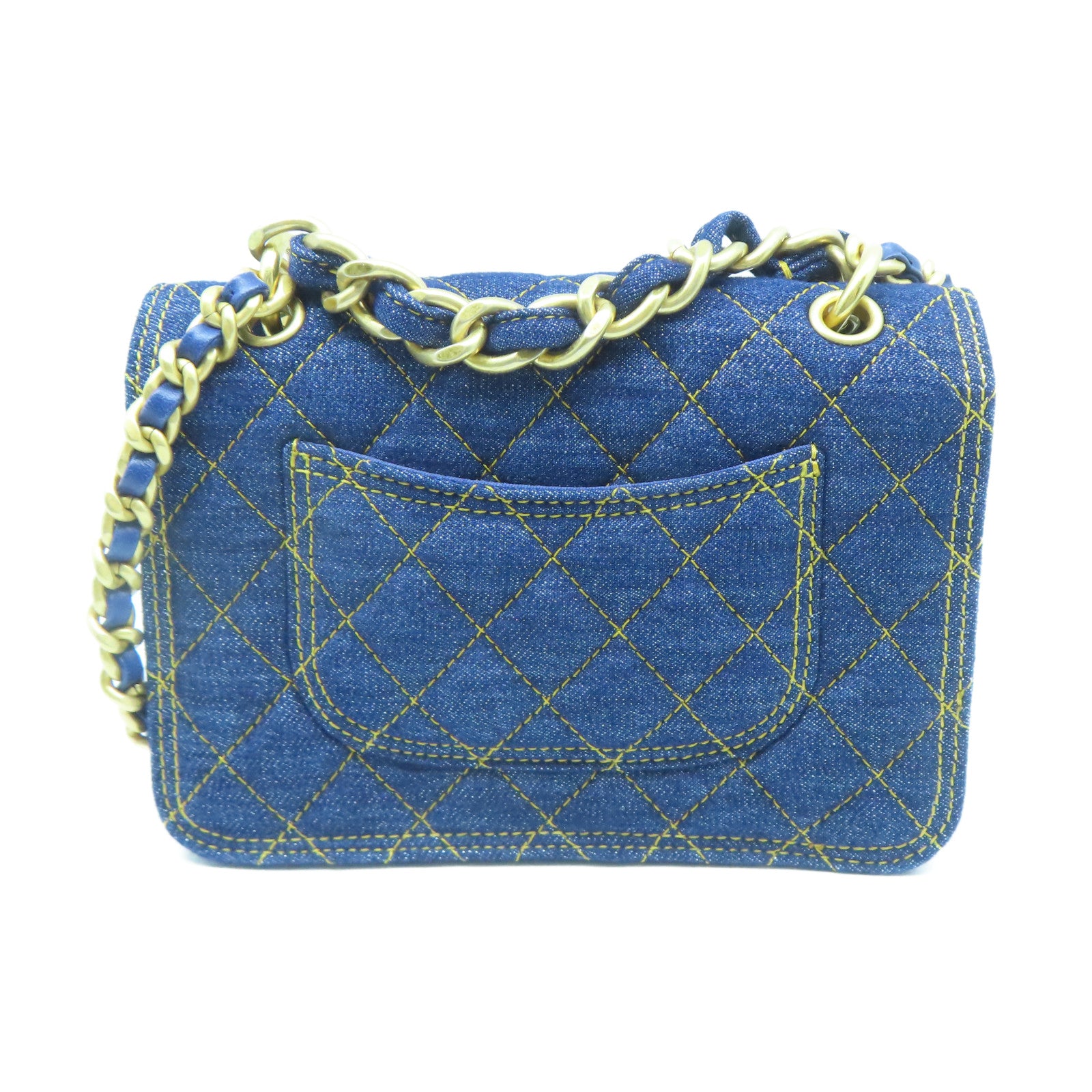 CHANEL 菱格牛仔布Chain Shoulder金扣鏈帶肩背袋藍色